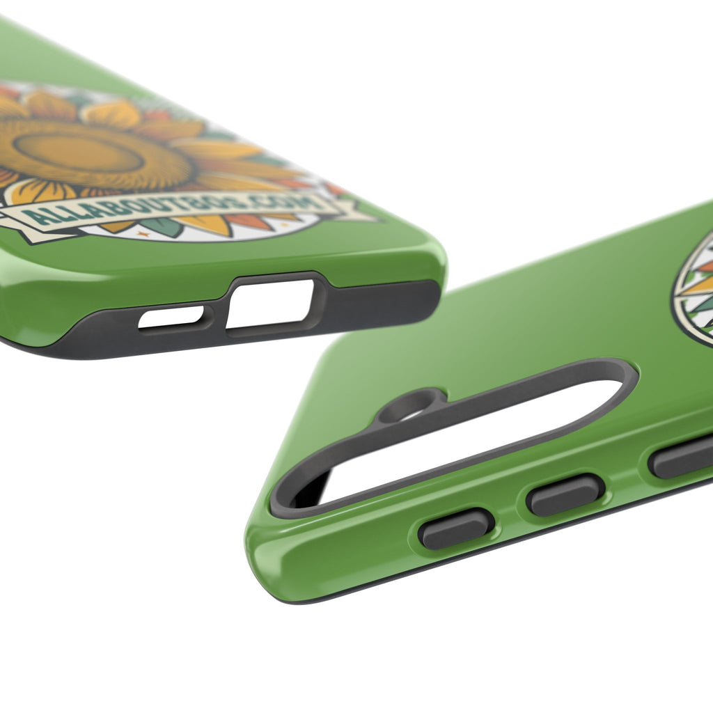 Sunflower Tough Phone Case – Green Floral Protective Case with "AllAbout80s.com" Banner
