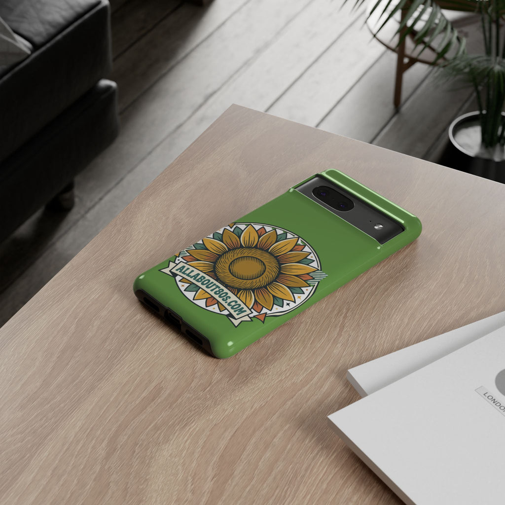 Sunflower Tough Phone Case – Green Floral Protective Case with "AllAbout80s.com" Banner