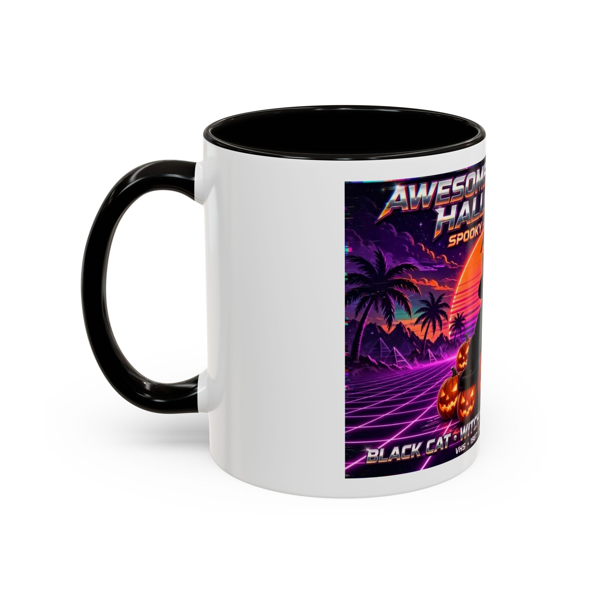 Halloween Retro Cat Mug — Neon 80s Spooky Pumpkin Coffee Cup (11oz/15oz)
