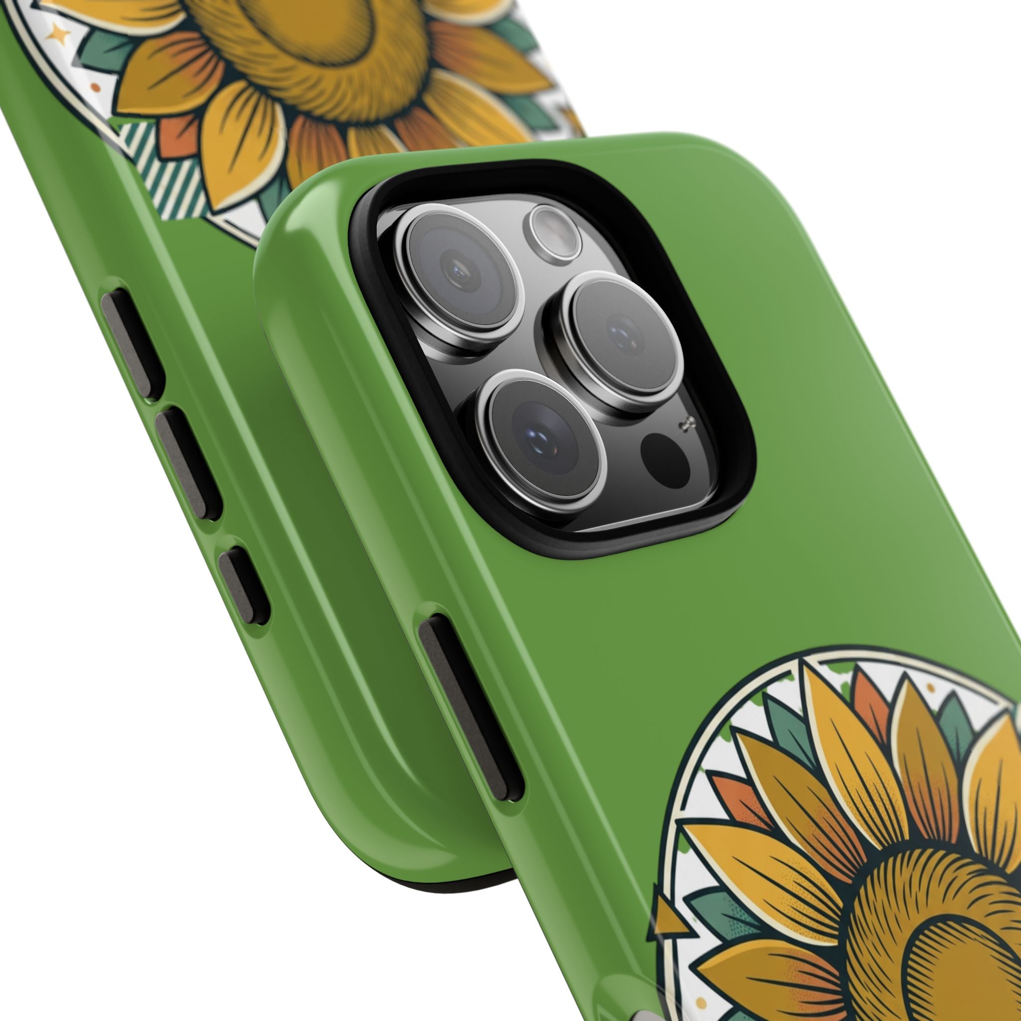 Sunflower Tough Phone Case – Green Floral Protective Case with "AllAbout80s.com" Banner