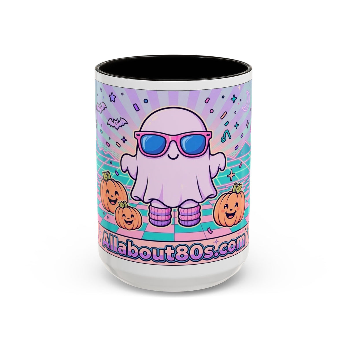 80s Vaporwave Ghost Coffee Mug — Cute Halloween Pumpkin Retro Design (11oz/15oz)