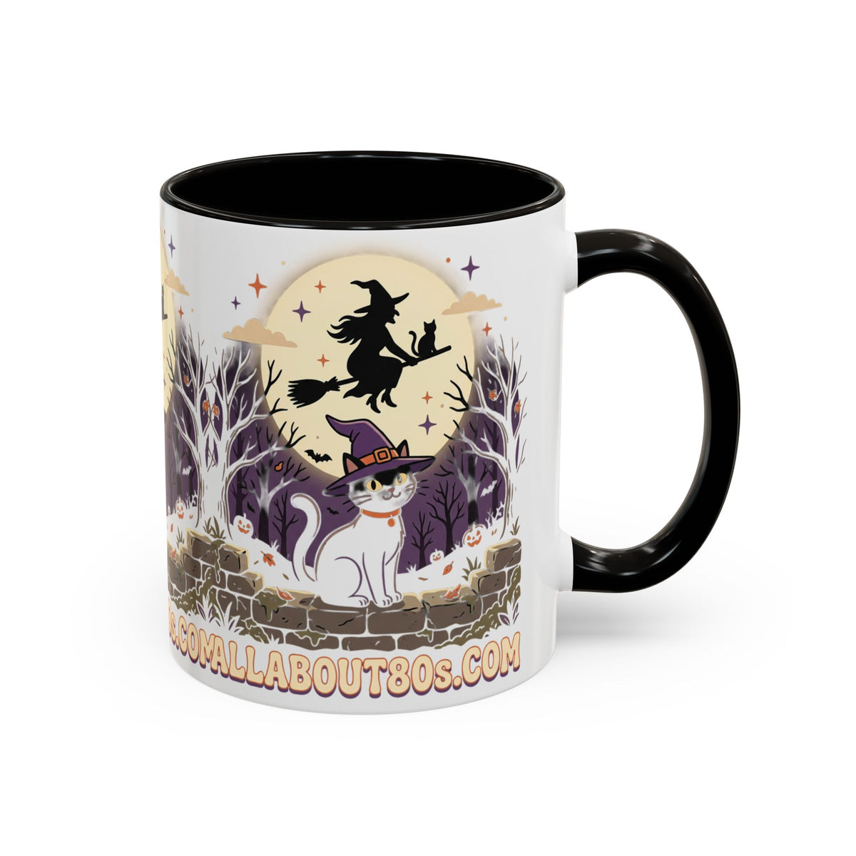 Halloween Cat Witch Mug – Cute Witch Hat Cat with Flying Witch Silhouette (11oz/15oz)