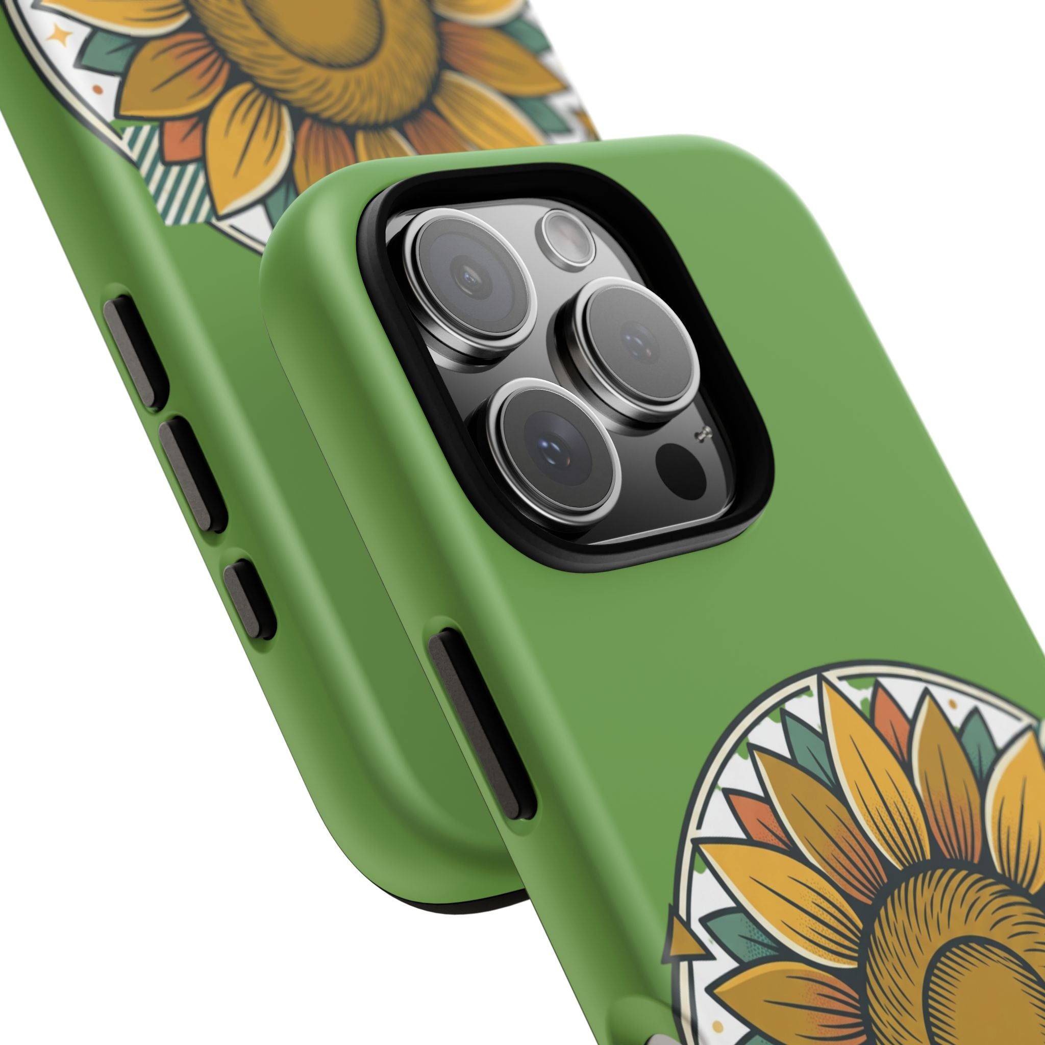 Sunflower Tough Phone Case – Green Floral Protective Case with "AllAbout80s.com" Banner