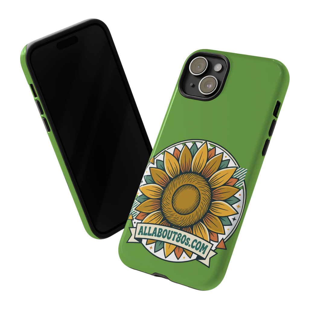 Sunflower Tough Phone Case – Green Floral Protective Case with "AllAbout80s.com" Banner