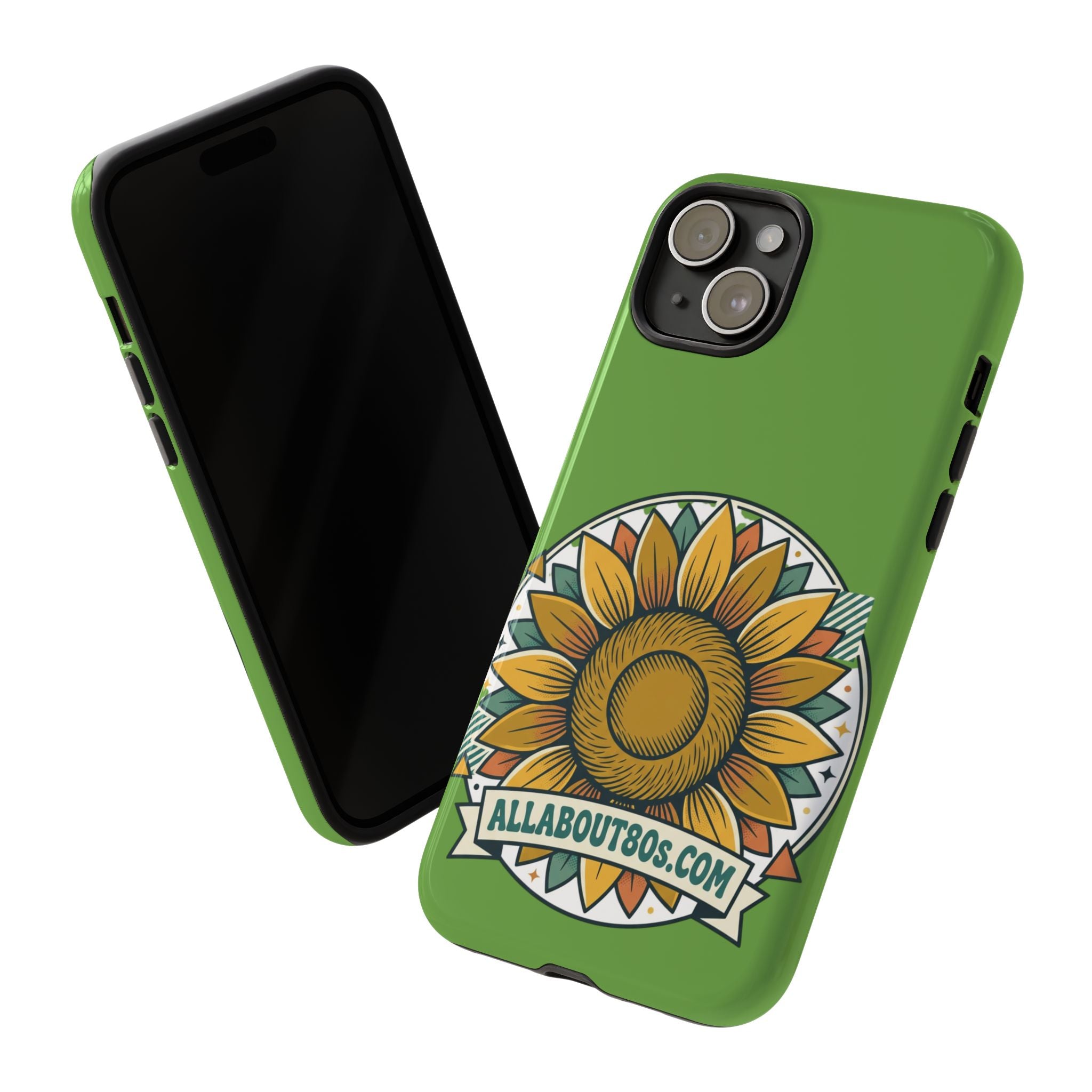 Sunflower Tough Phone Case – Green Floral Protective Case with "AllAbout80s.com" Banner