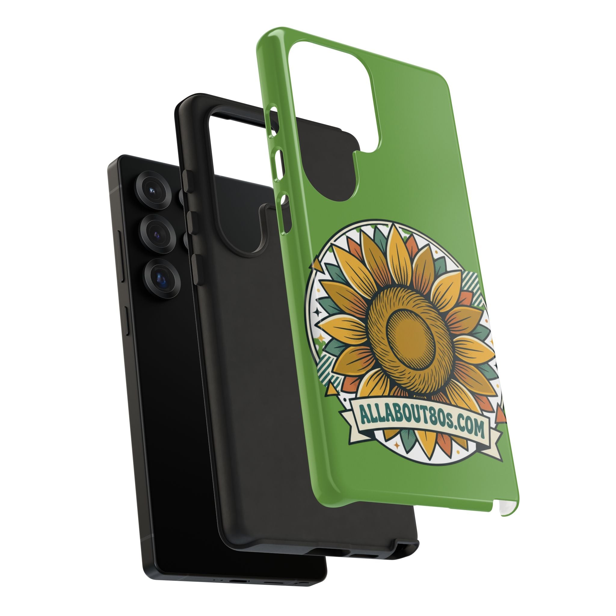 Sunflower Tough Phone Case – Green Floral Protective Case with "AllAbout80s.com" Banner