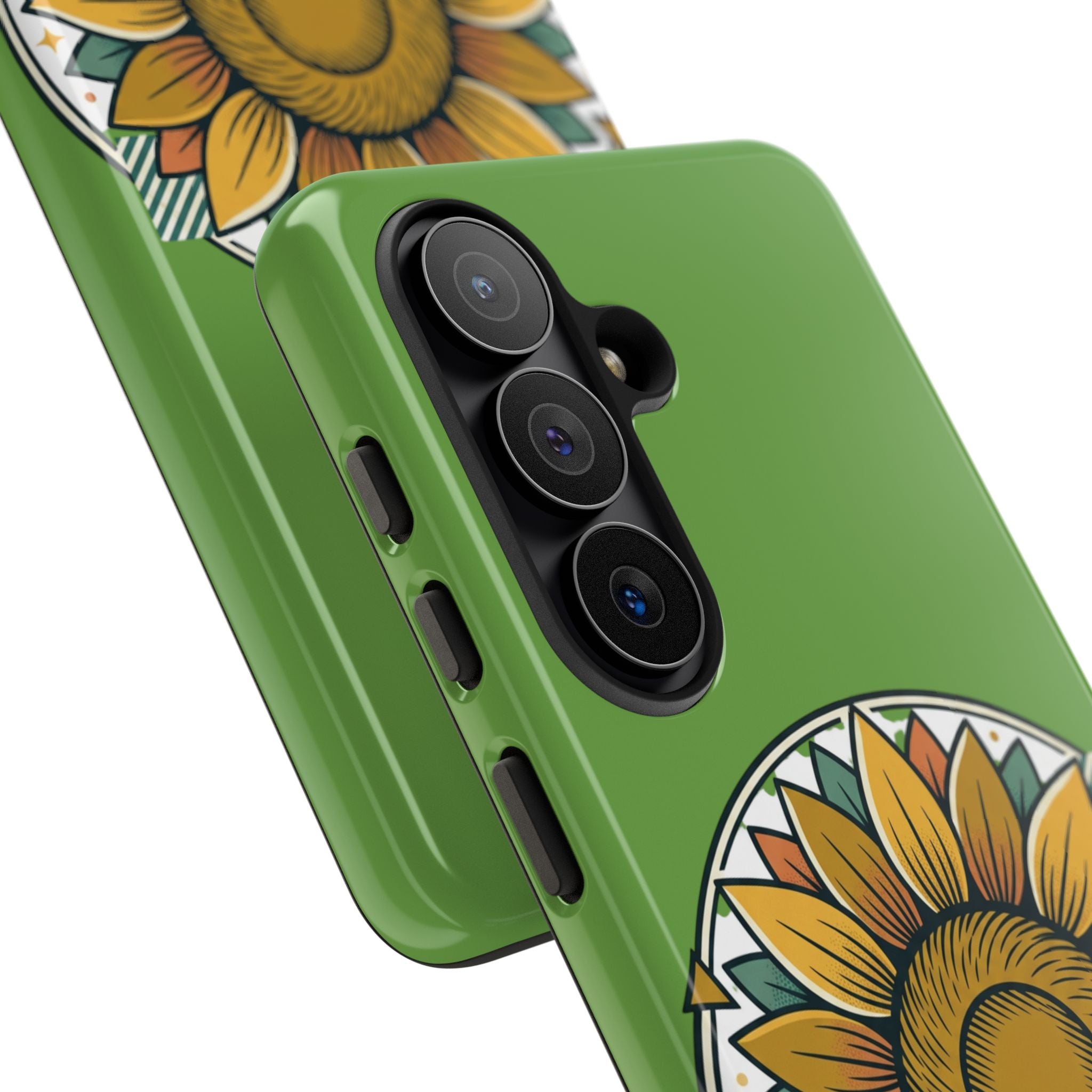 Sunflower Tough Phone Case – Green Floral Protective Case with "AllAbout80s.com" Banner