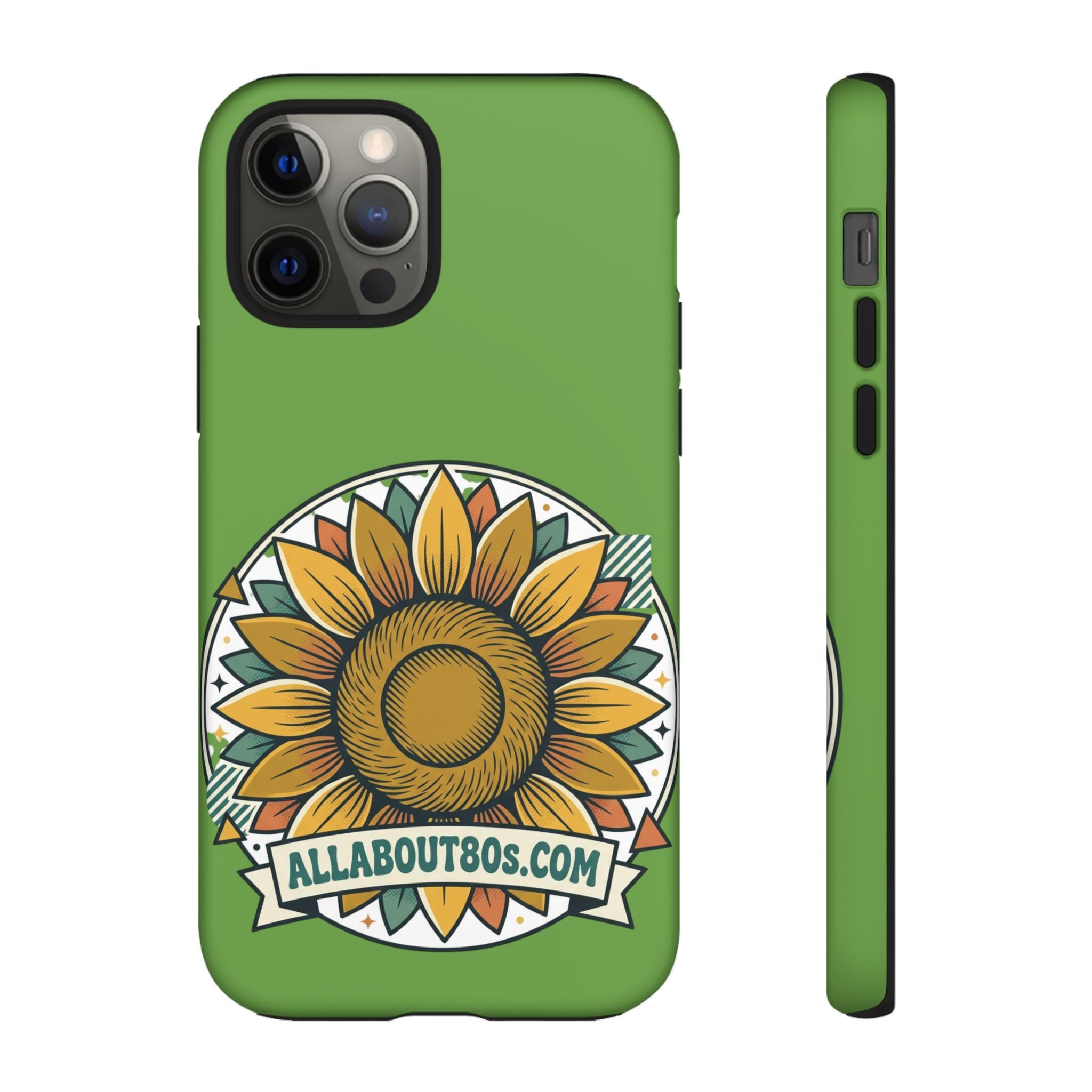 Sunflower Tough Phone Case – Green Floral Protective Case with "AllAbout80s.com" Banner