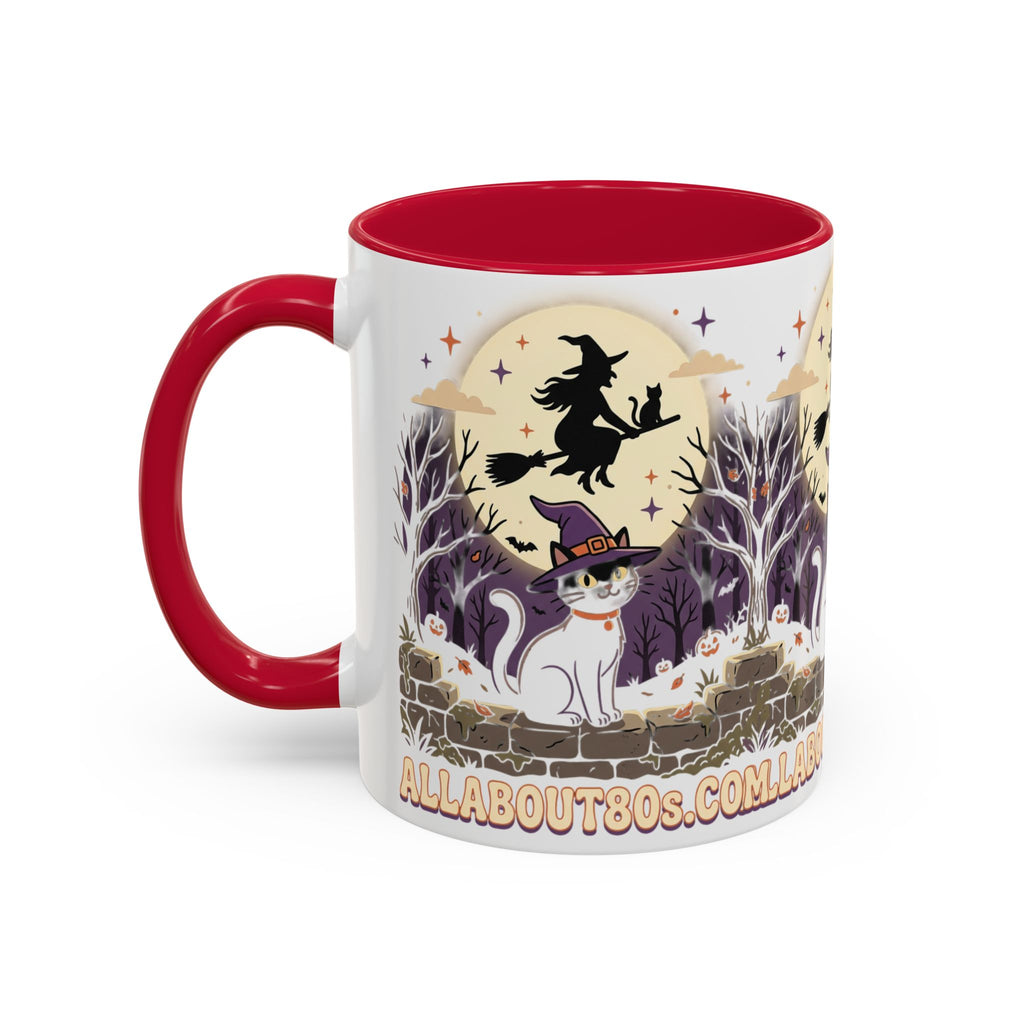 Halloween Cat Witch Mug – Cute Witch Hat Cat with Flying Witch Silhouette (11oz/15oz)