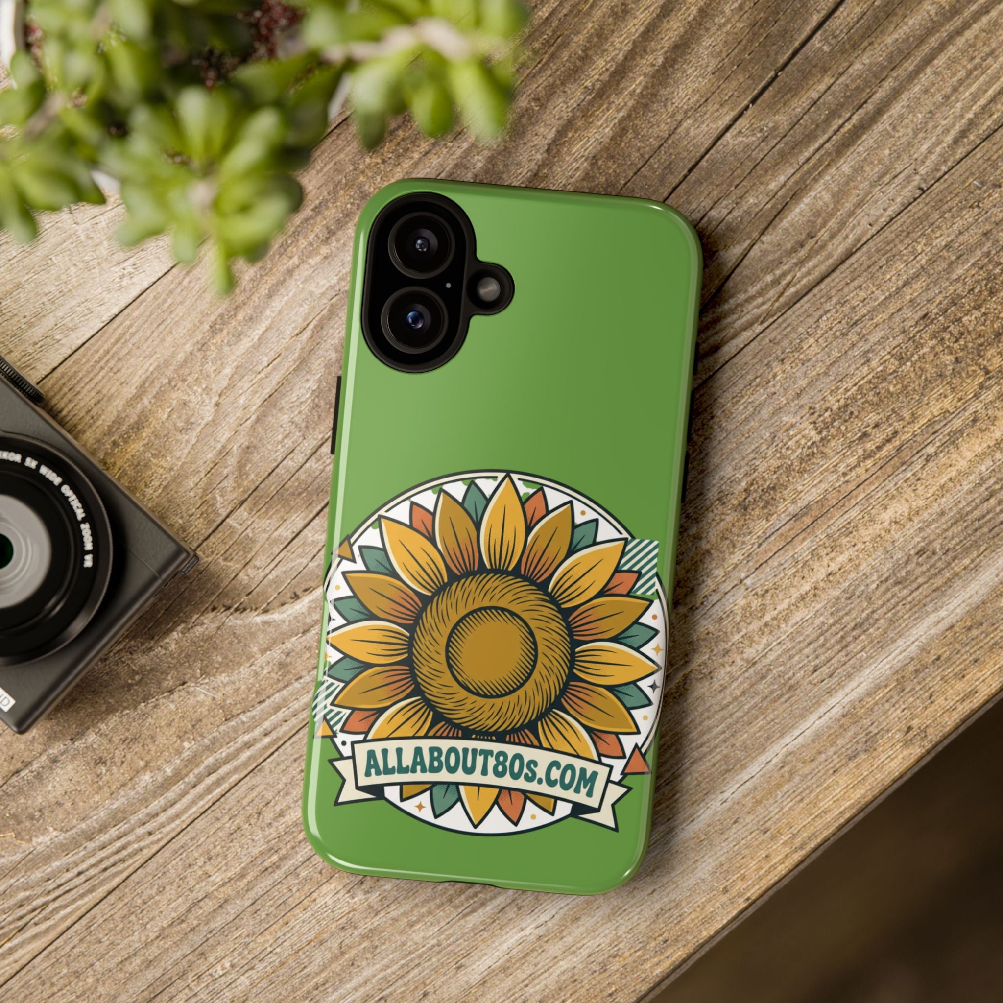 Sunflower Tough Phone Case – Green Floral Protective Case with "AllAbout80s.com" Banner