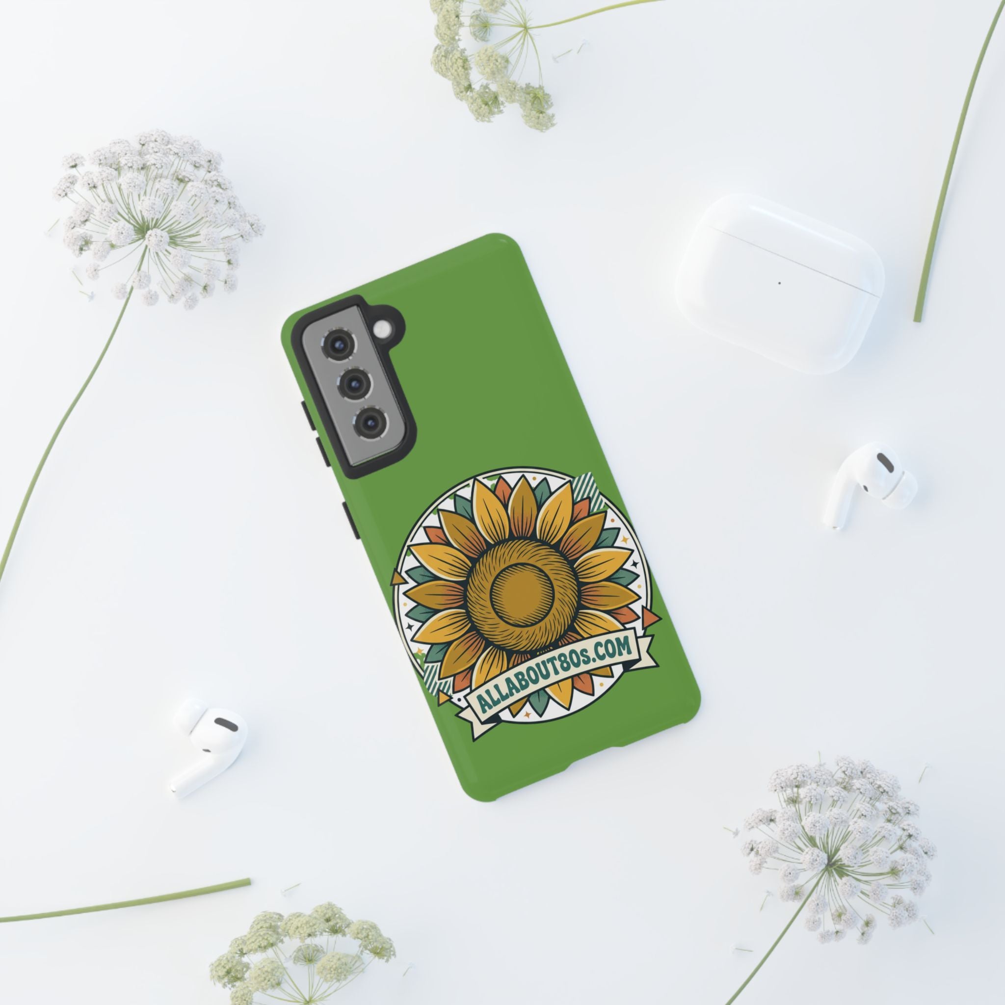 Sunflower Tough Phone Case – Green Floral Protective Case with "AllAbout80s.com" Banner