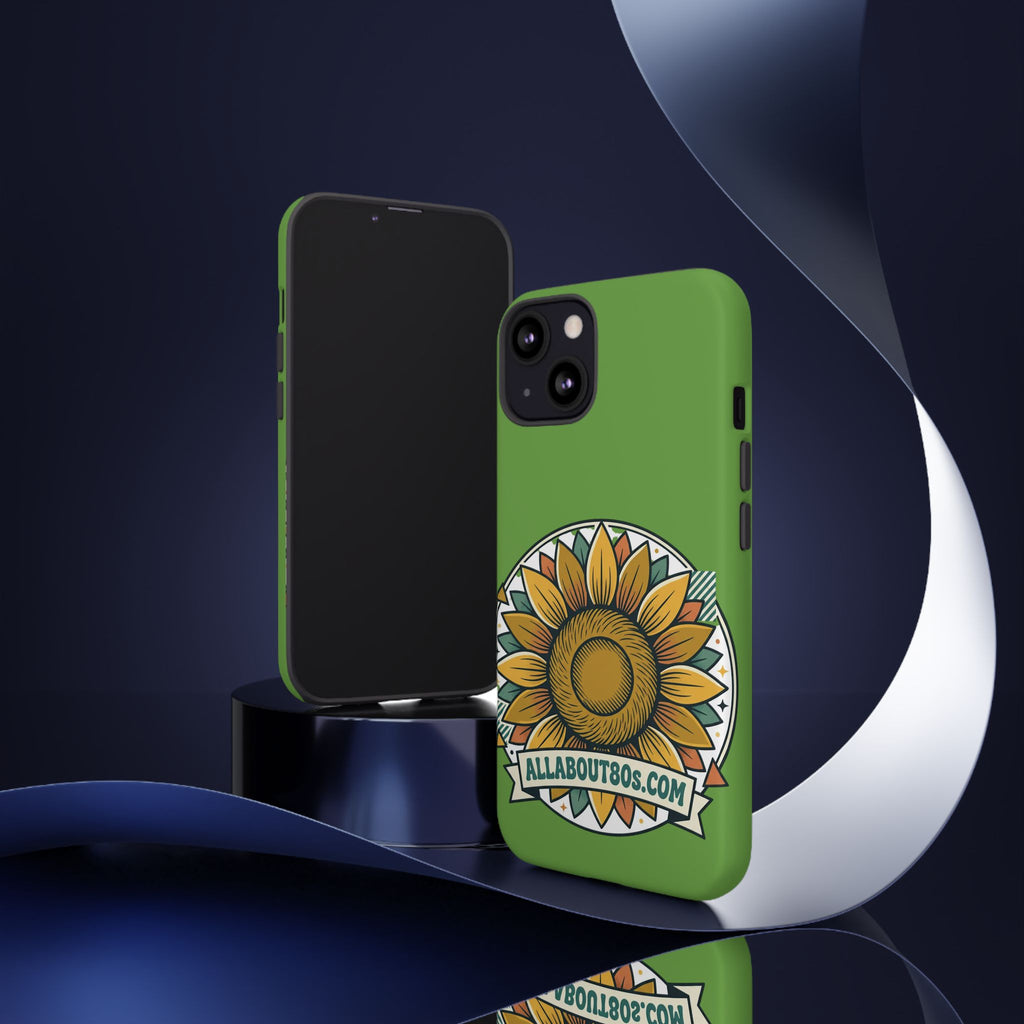 Sunflower Tough Phone Case – Green Floral Protective Case with "AllAbout80s.com" Banner