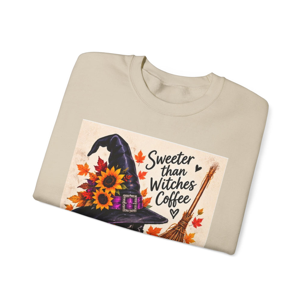 Sweater — 'Sweeter Than Witches Coffee' Halloween Witch Graphic Crewneck Sweatshirt