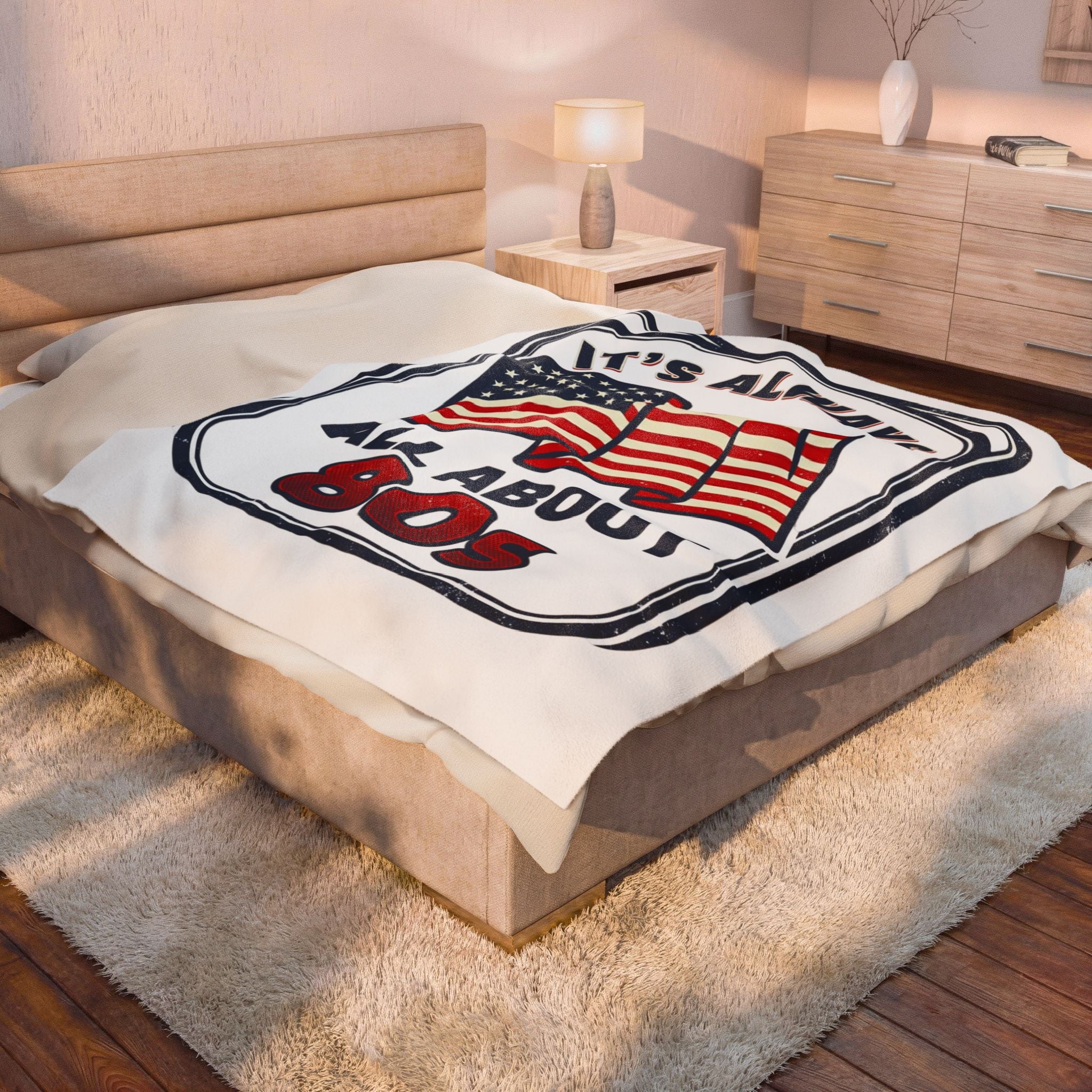 Retro American 80s Velveteen Plush Blanket — "It's Always All About 80s" Flag Throw