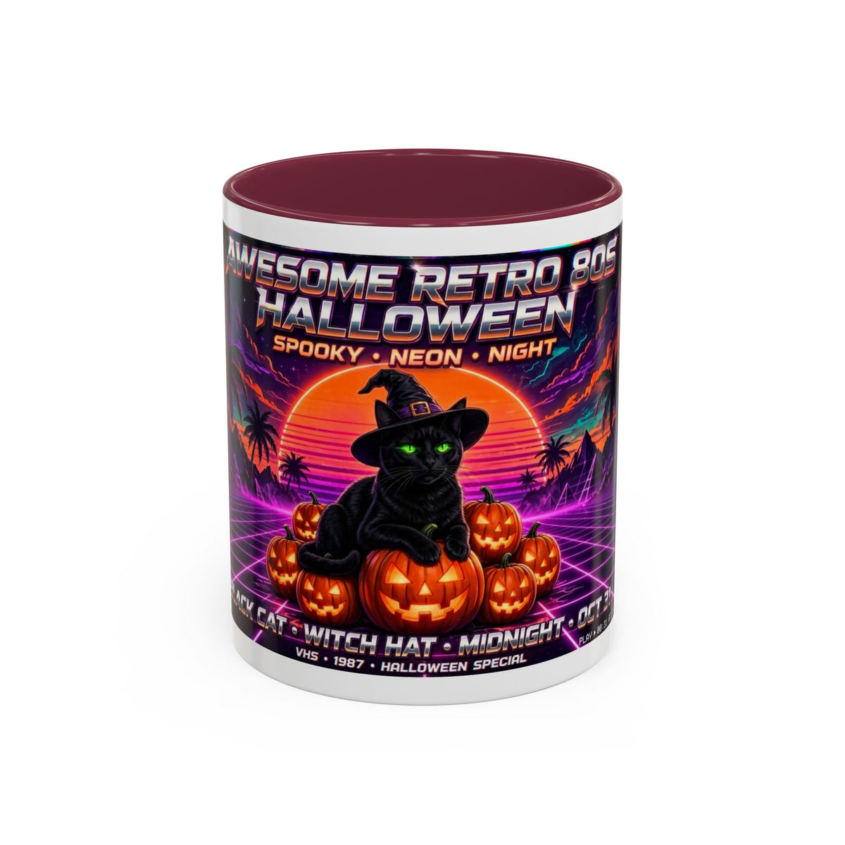 Halloween Retro Cat Mug — Neon 80s Spooky Pumpkin Coffee Cup (11oz/15oz)