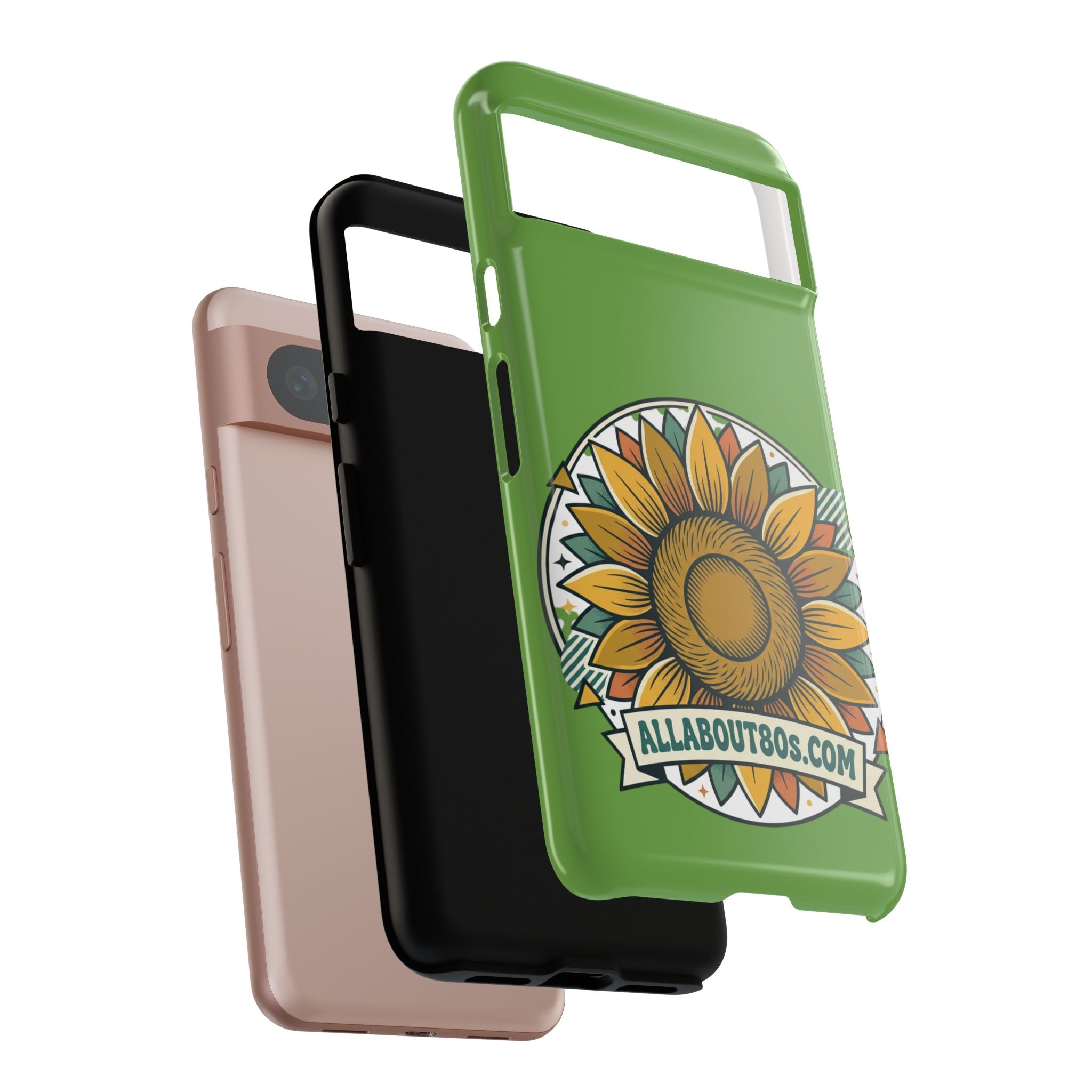 Sunflower Tough Phone Case – Green Floral Protective Case with "AllAbout80s.com" Banner
