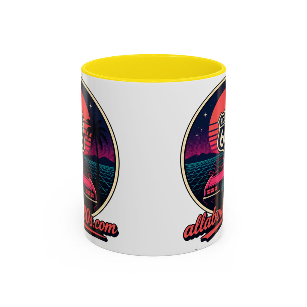 Route 66 Retro 80s Accent Coffee Mug — 'allabout80s' Vintage Sunset Design (11/15oz)