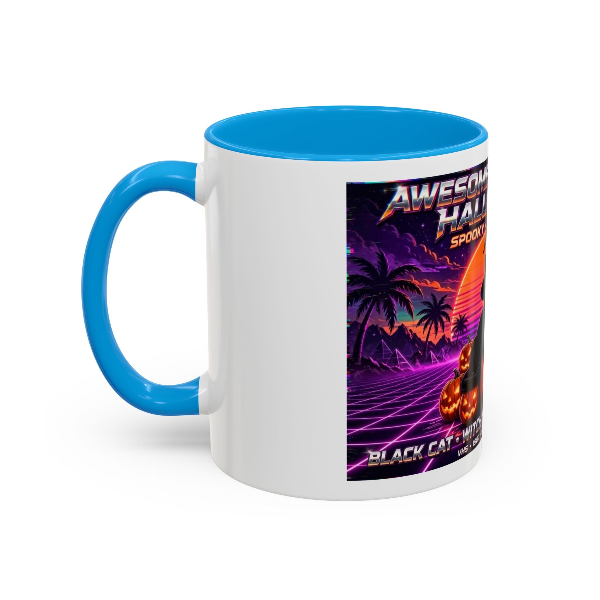 Halloween Retro Cat Mug — Neon 80s Spooky Pumpkin Coffee Cup (11oz/15oz)