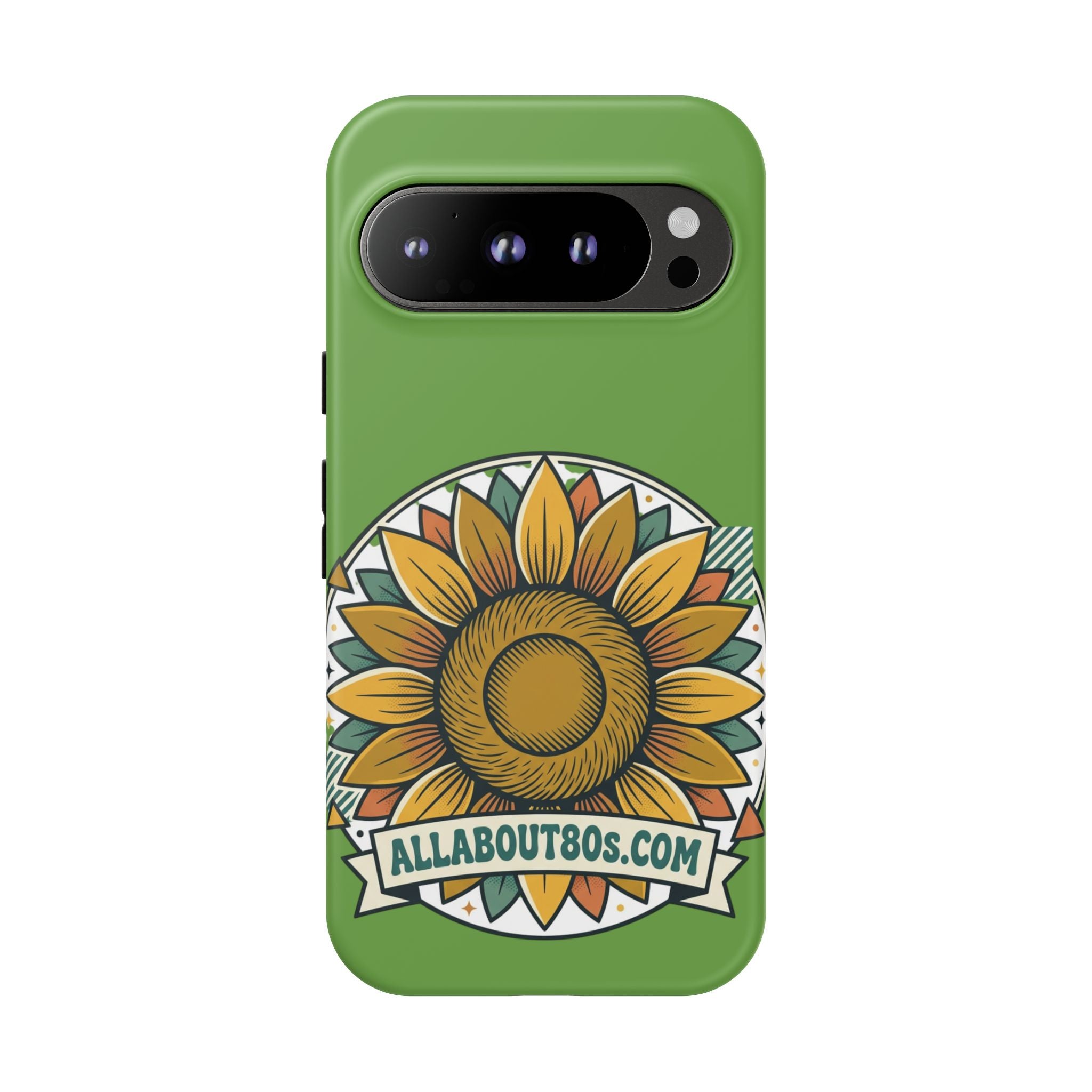 Sunflower Tough Phone Case – Green Floral Protective Case with "AllAbout80s.com" Banner