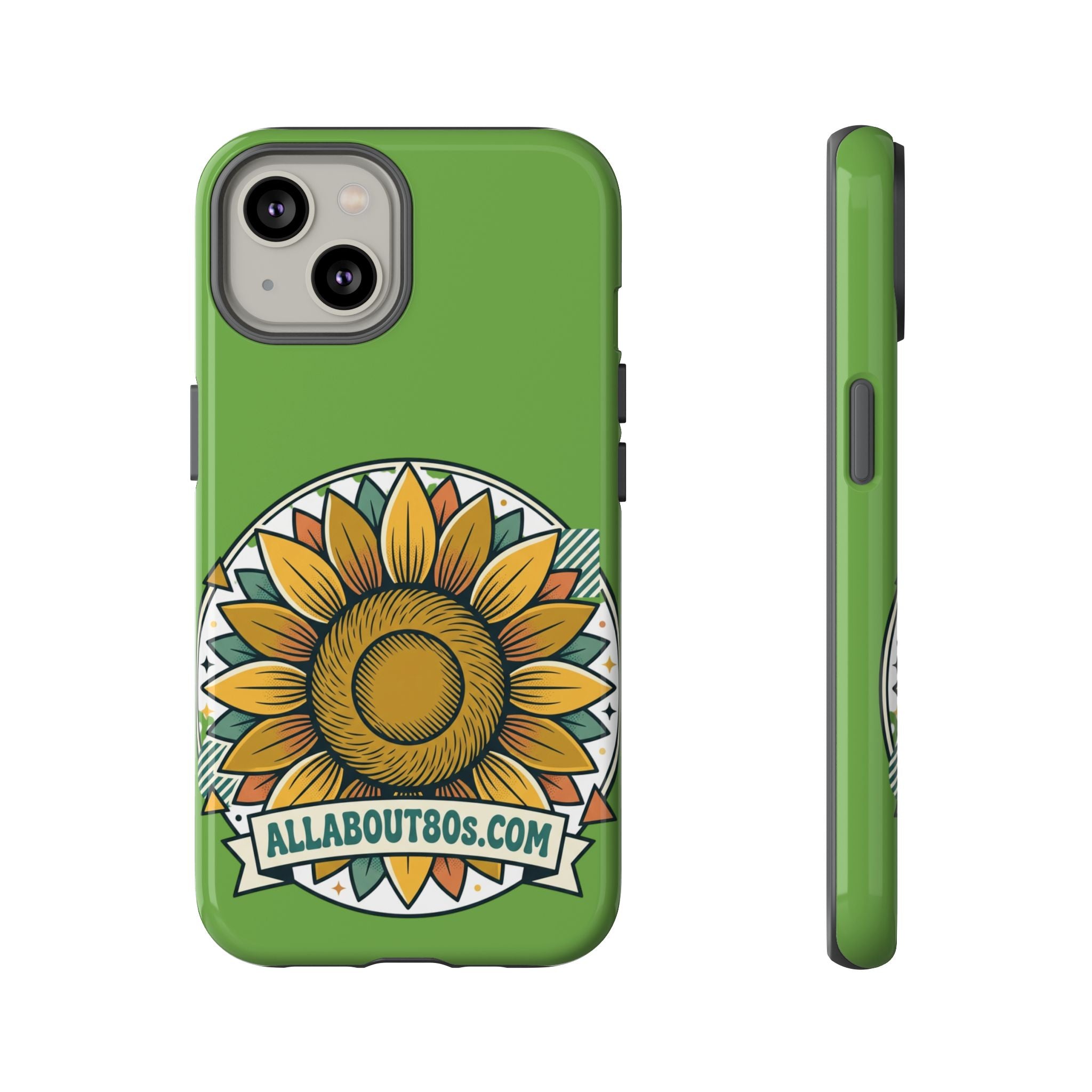 Sunflower Tough Phone Case – Green Floral Protective Case with "AllAbout80s.com" Banner