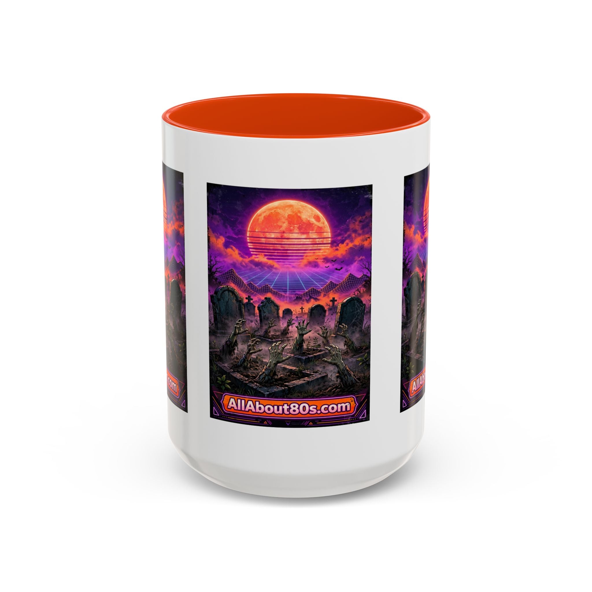 80s Retro Graveyard Sunset Mug — Vaporwave Neon Coffins Coffee Cup (11oz/15oz)
