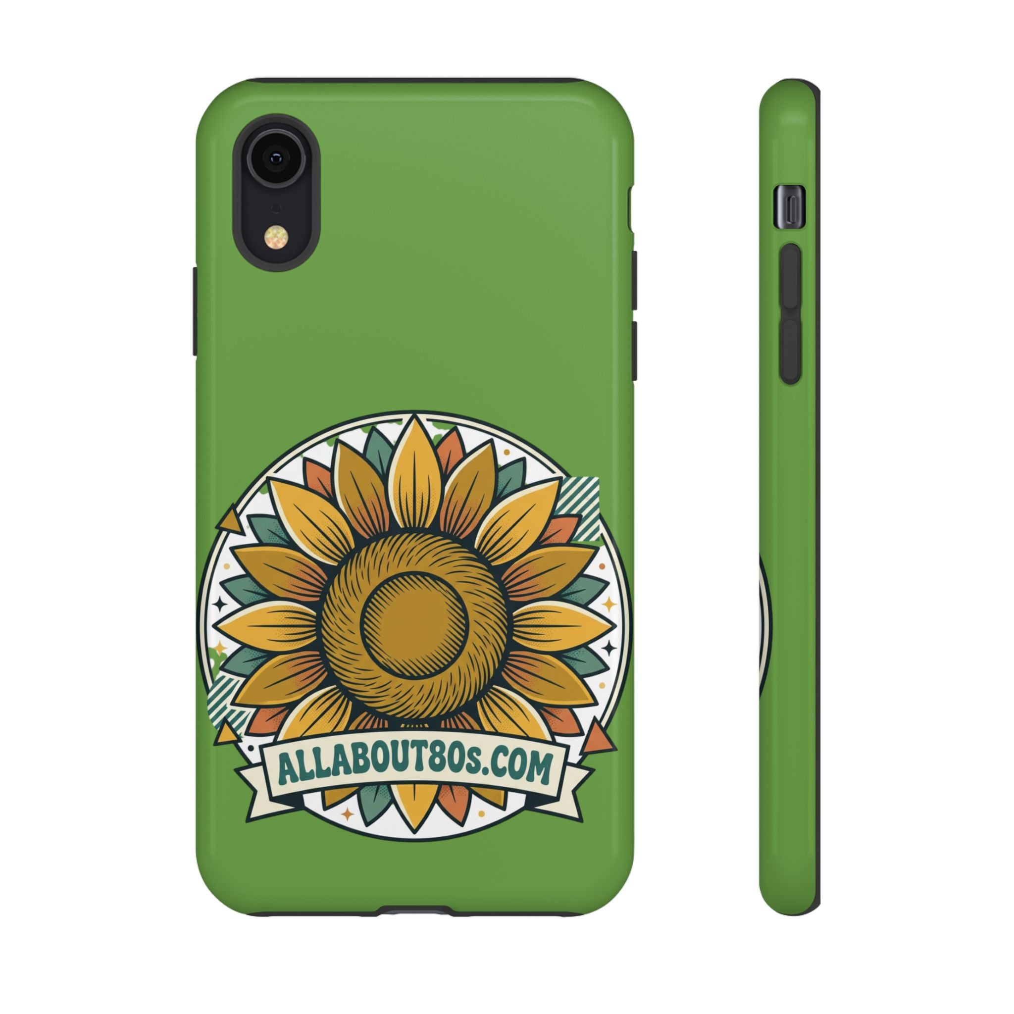 Sunflower Tough Phone Case – Green Floral Protective Case with "AllAbout80s.com" Banner