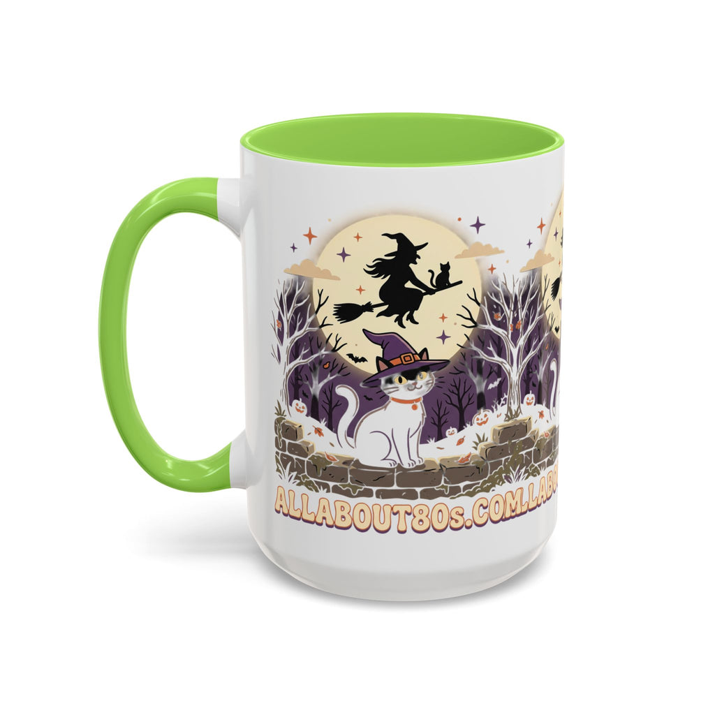 Halloween Cat Witch Mug – Cute Witch Hat Cat with Flying Witch Silhouette (11oz/15oz)