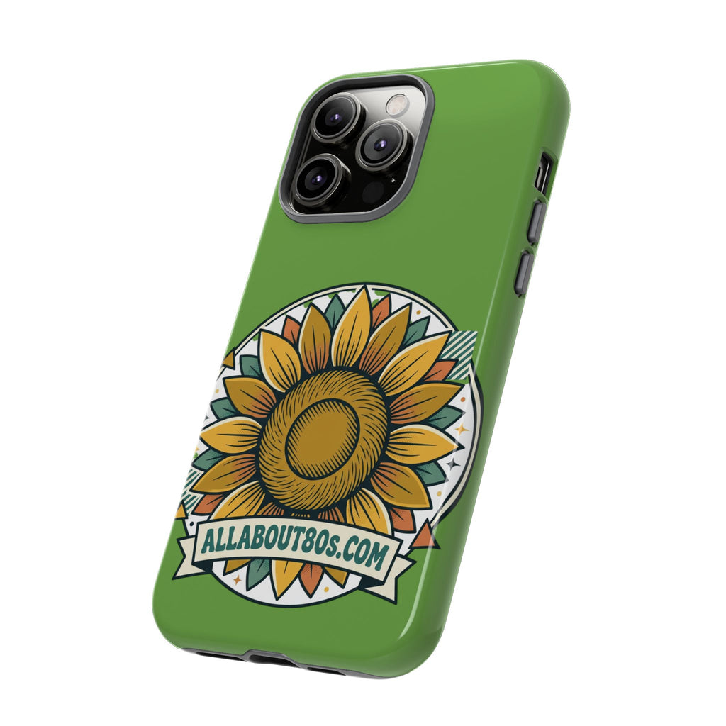 Sunflower Tough Phone Case – Green Floral Protective Case with "AllAbout80s.com" Banner