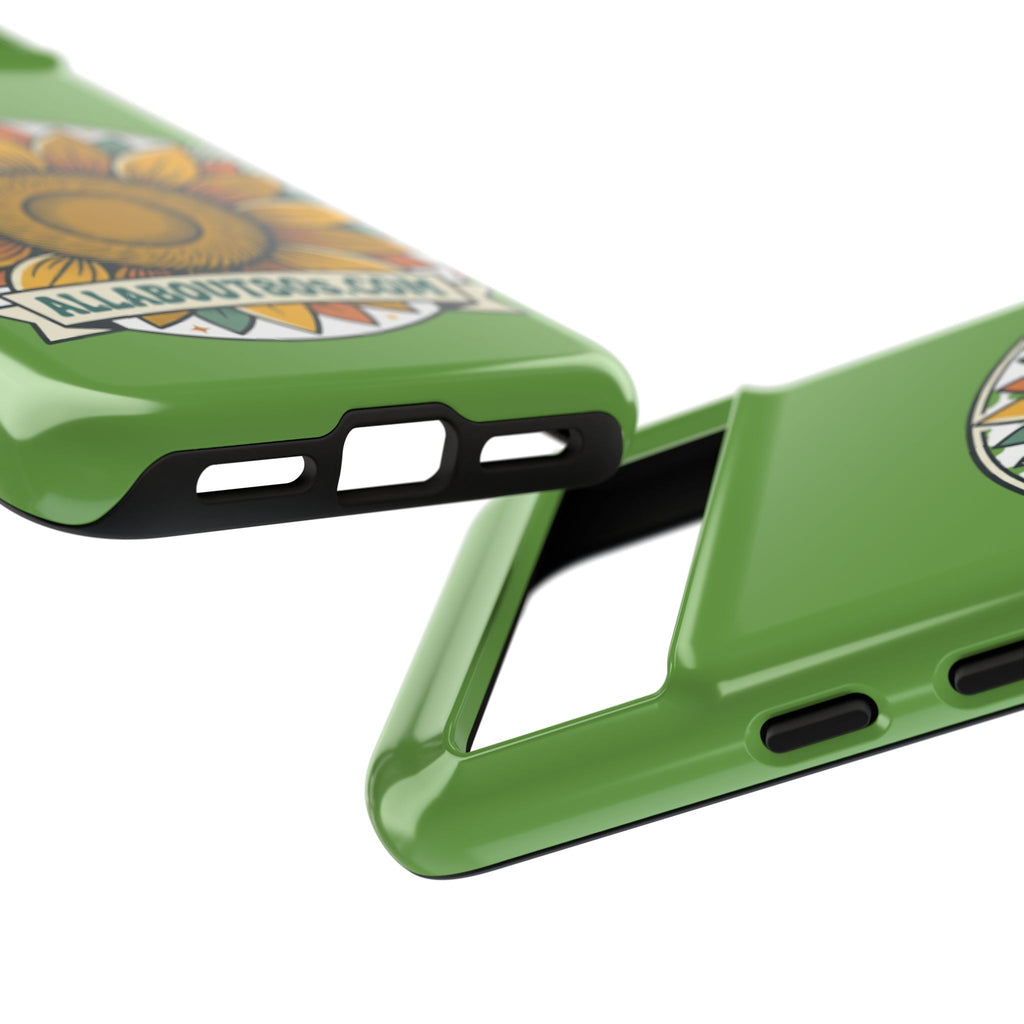 Sunflower Tough Phone Case – Green Floral Protective Case with "AllAbout80s.com" Banner