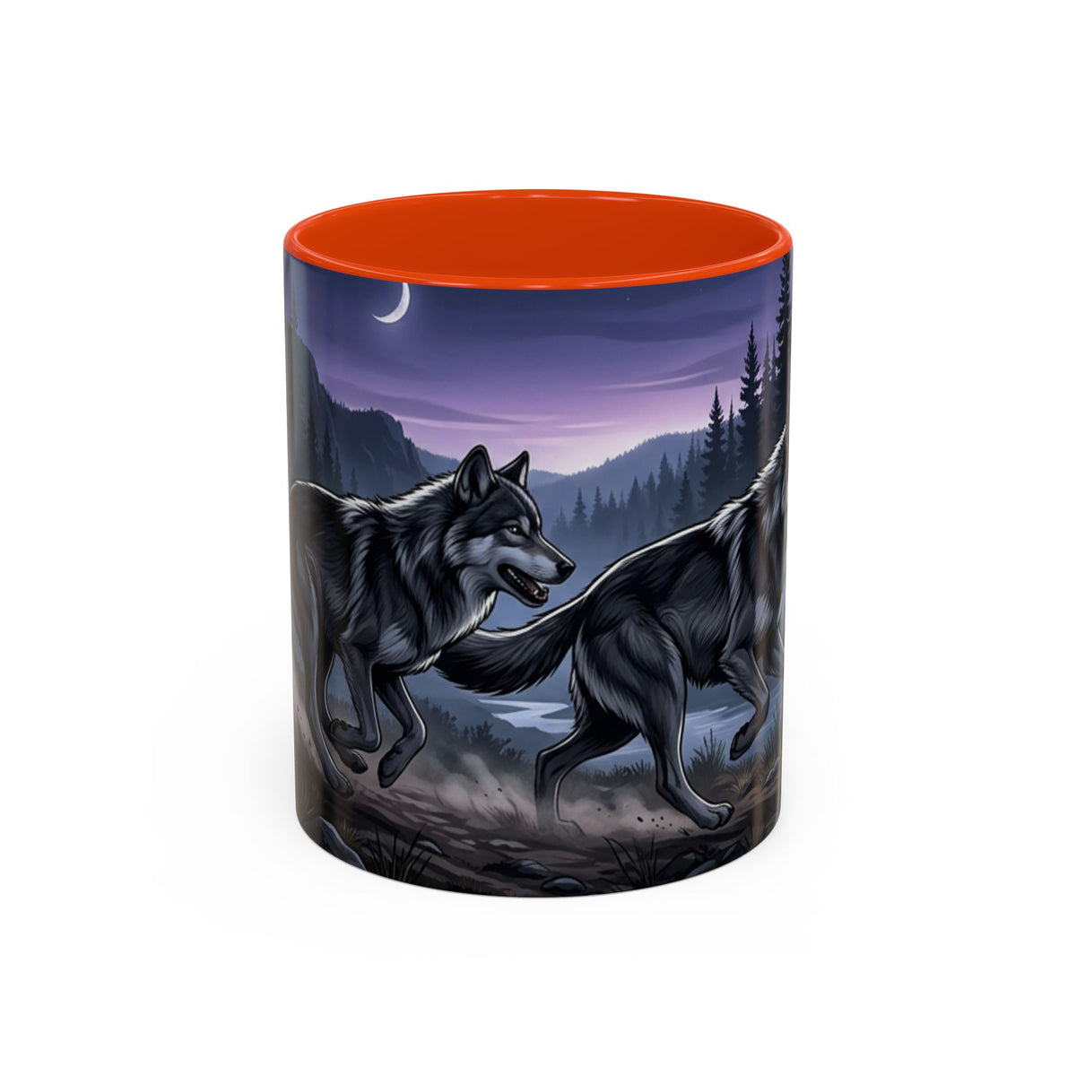 Wolf Pack Nightscape Mug — 11oz/15oz Scenic Black-Interior Coffee Cup