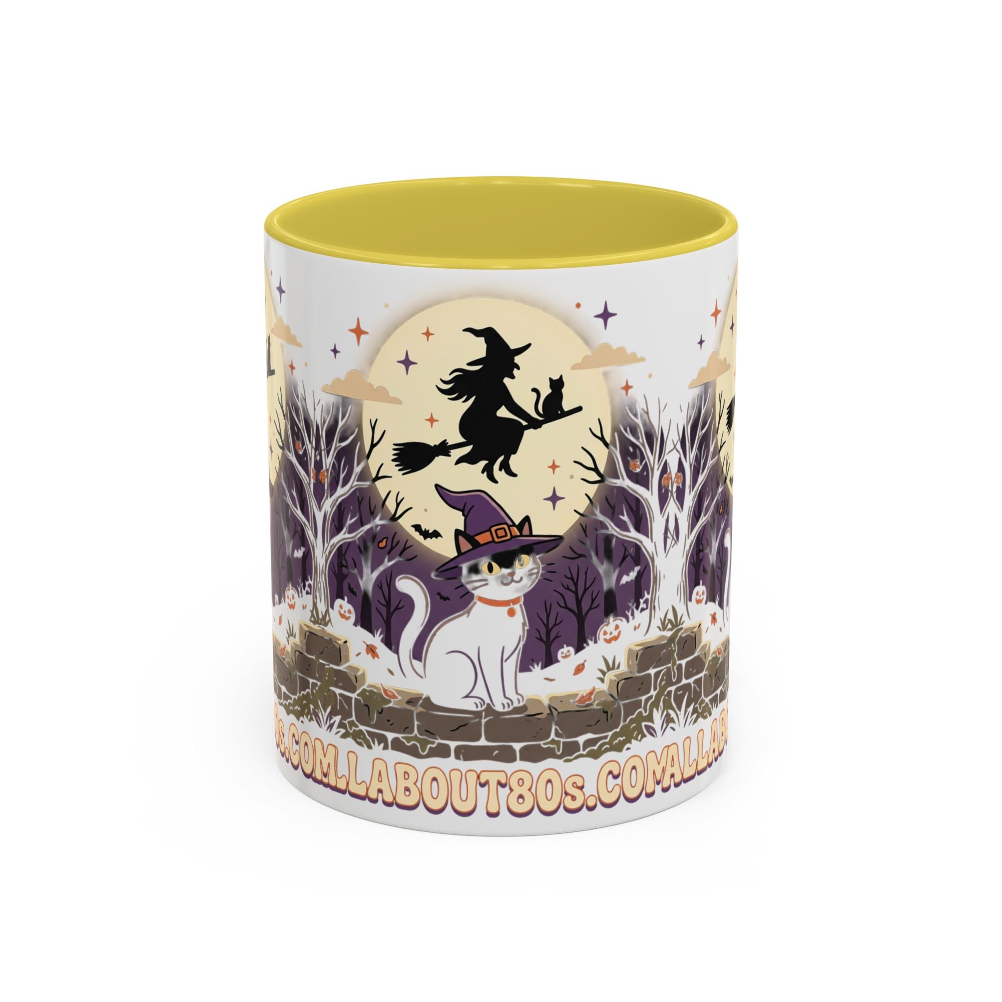 Halloween Cat Witch Mug – Cute Witch Hat Cat with Flying Witch Silhouette (11oz/15oz)