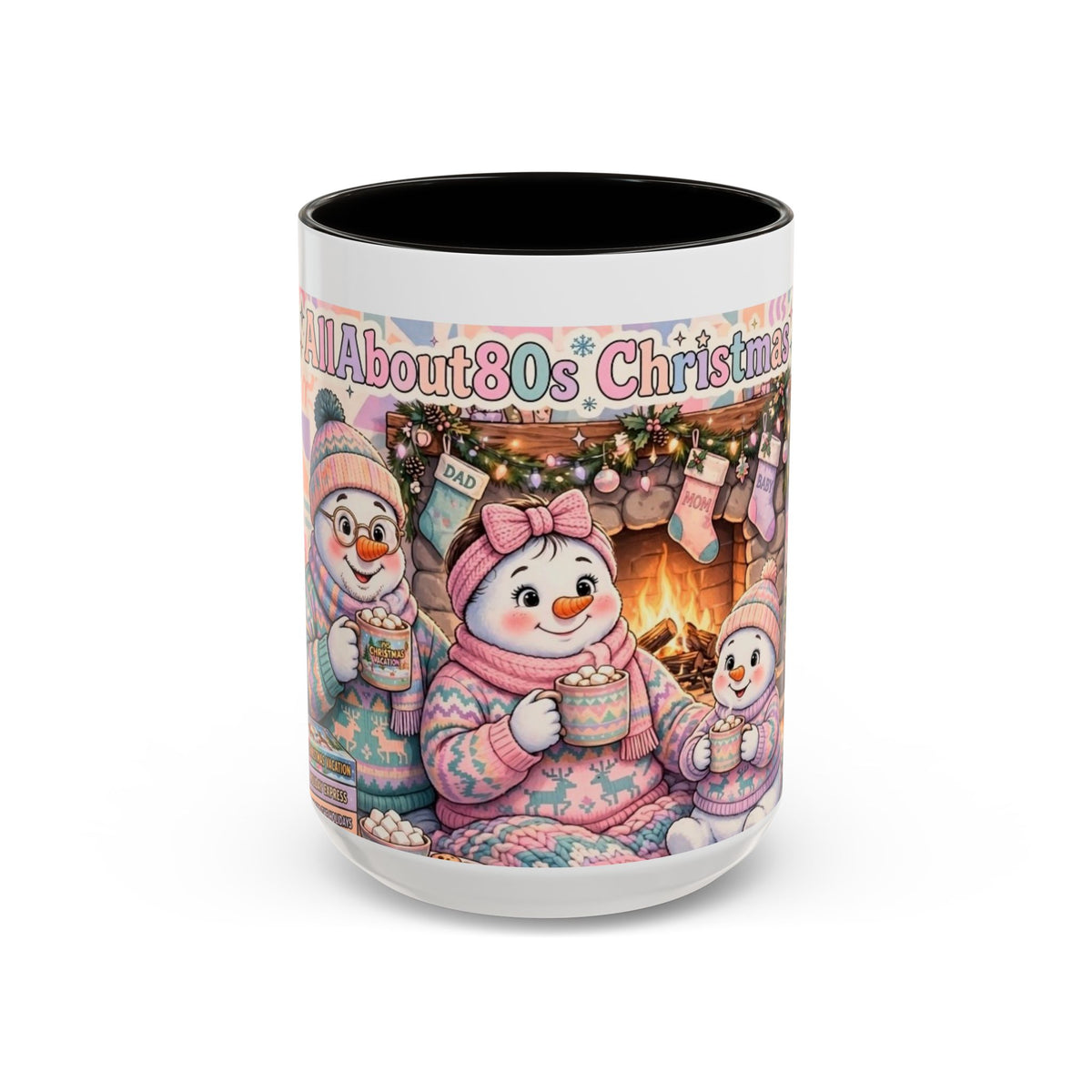 Cute Snowman Christmas Mug — 'All About 80s Christmas' Colorful Holiday Coffee Cup (11oz/15oz)