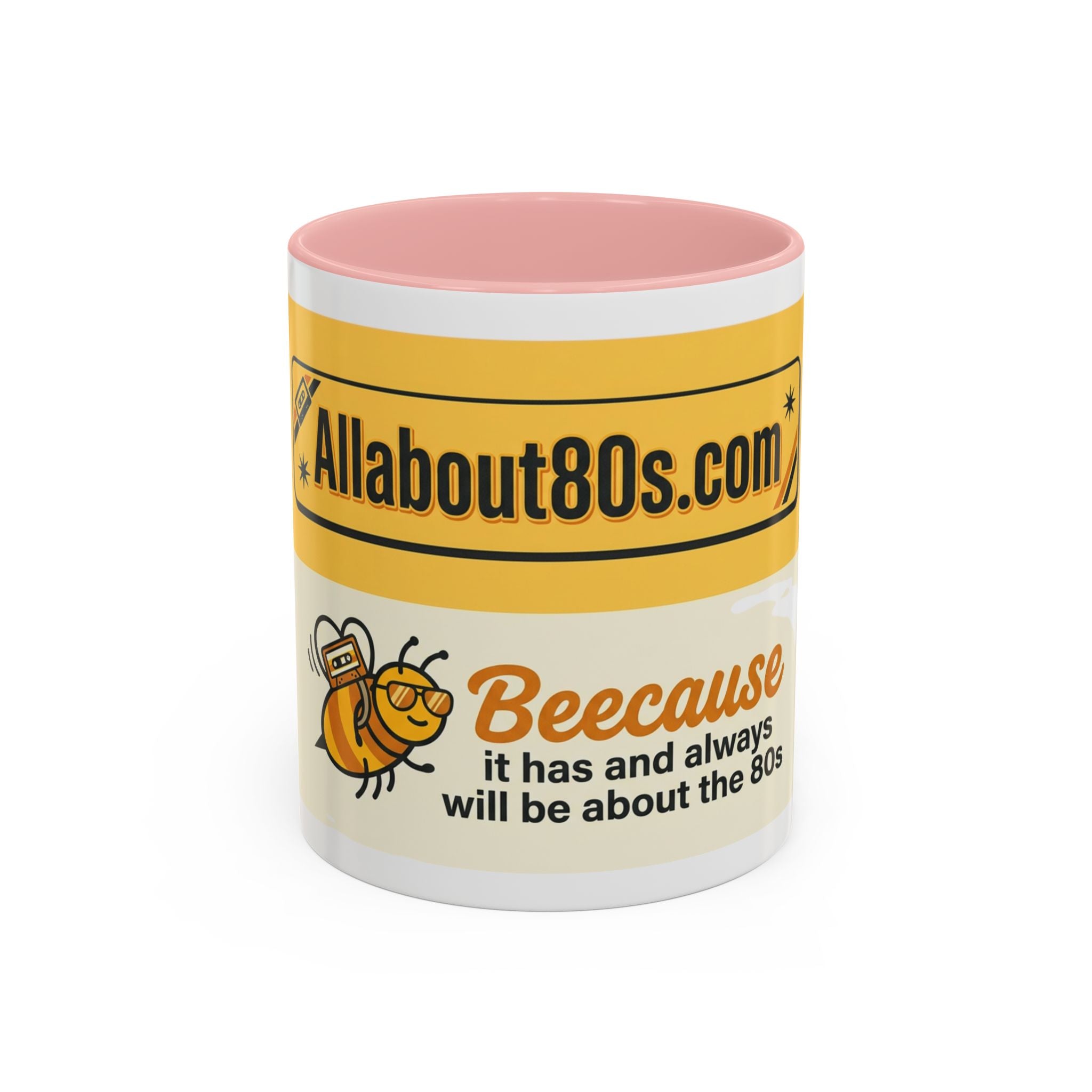 AllAbout80s 'Beecause' Accent Coffee Mug – Retro 80s Bee Design (11/15oz)