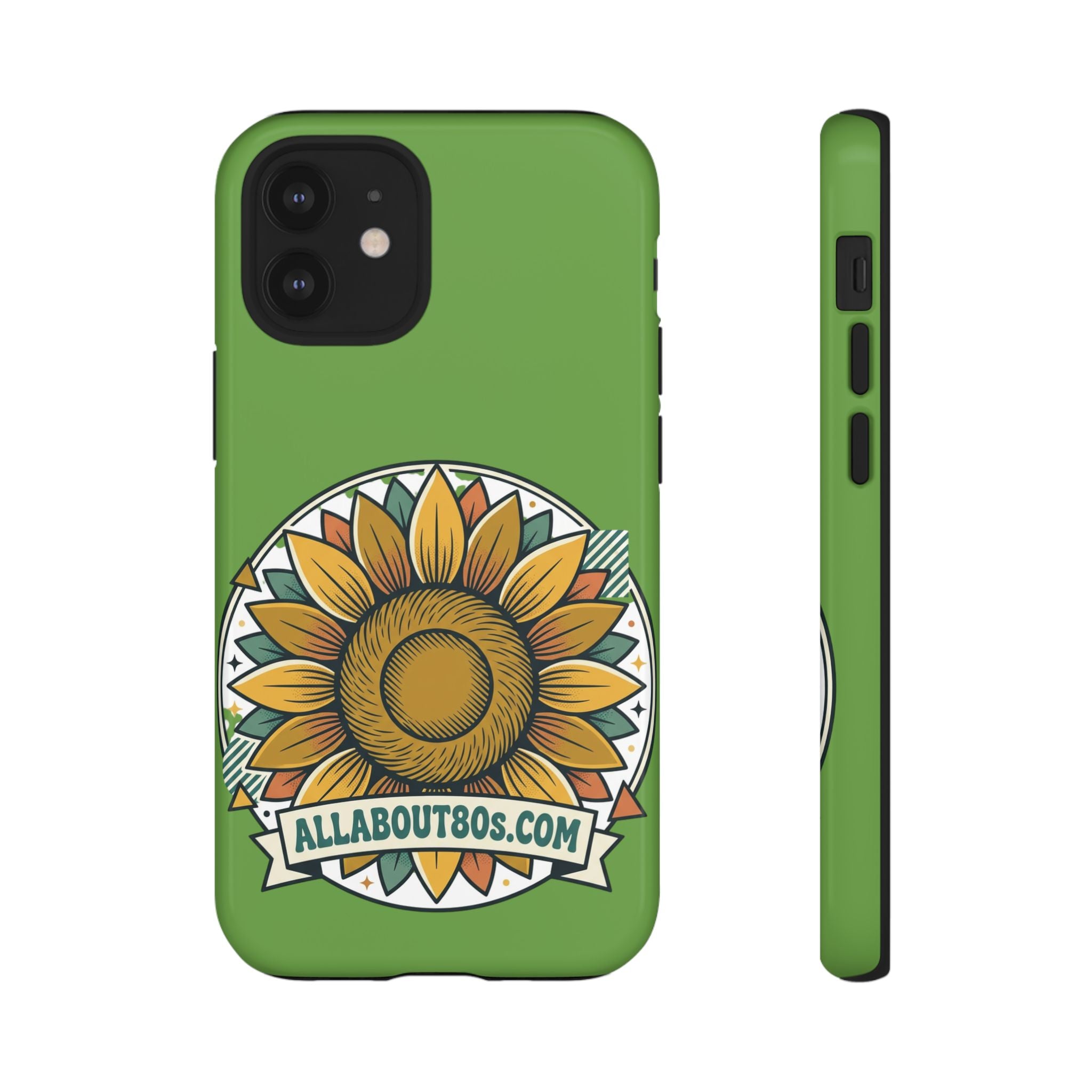 Sunflower Tough Phone Case – Green Floral Protective Case with "AllAbout80s.com" Banner