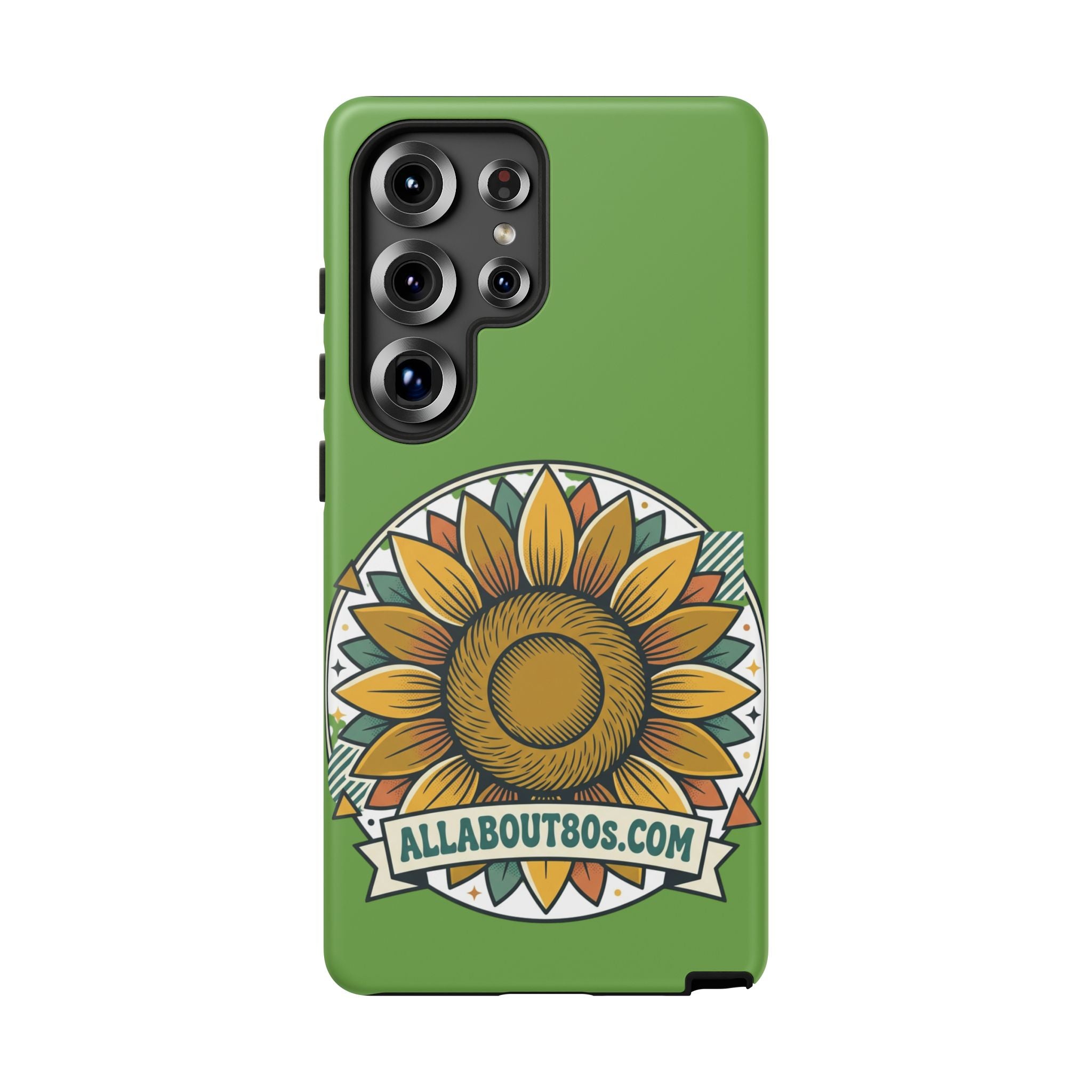 Sunflower Tough Phone Case – Green Floral Protective Case with "AllAbout80s.com" Banner