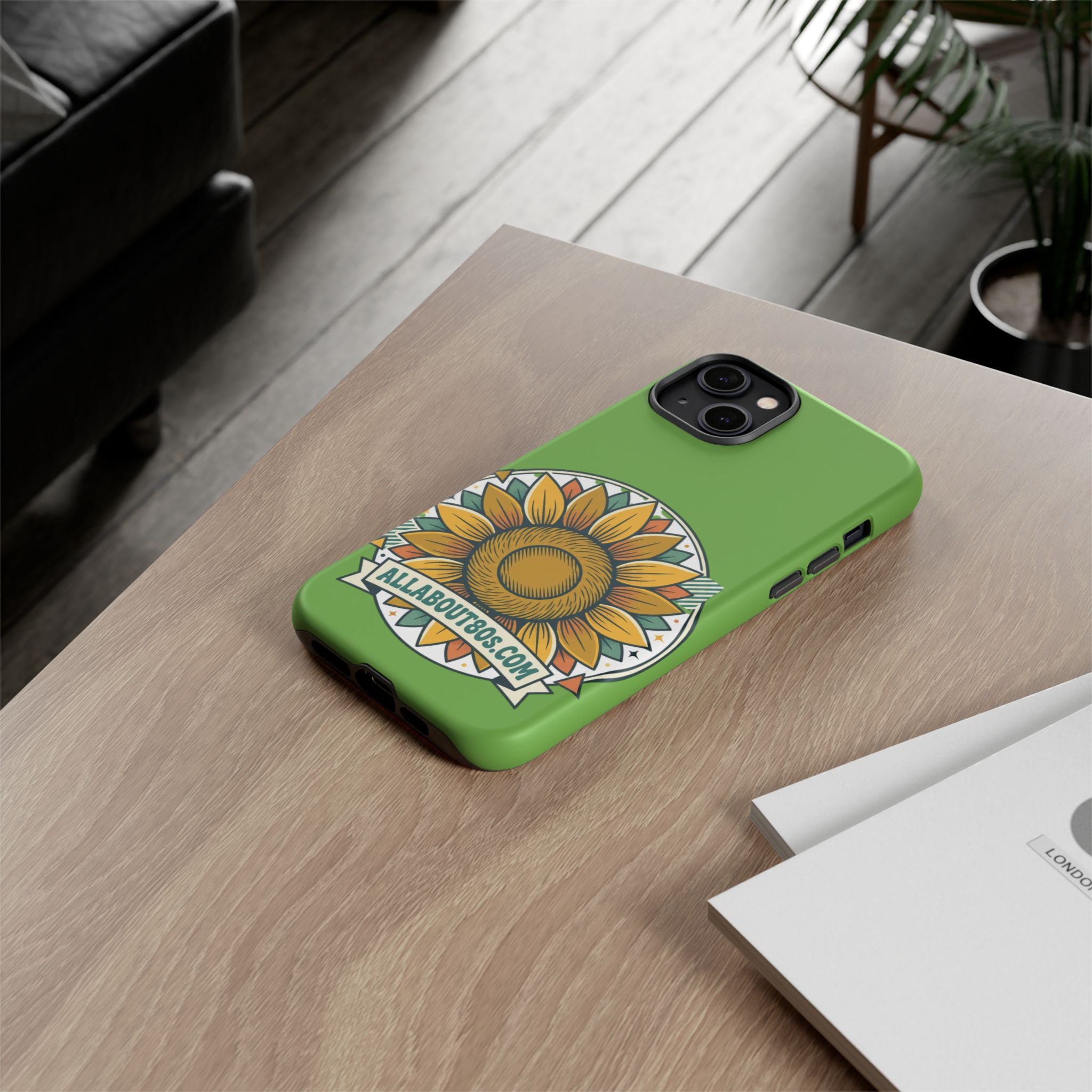 Sunflower Tough Phone Case – Green Floral Protective Case with "AllAbout80s.com" Banner