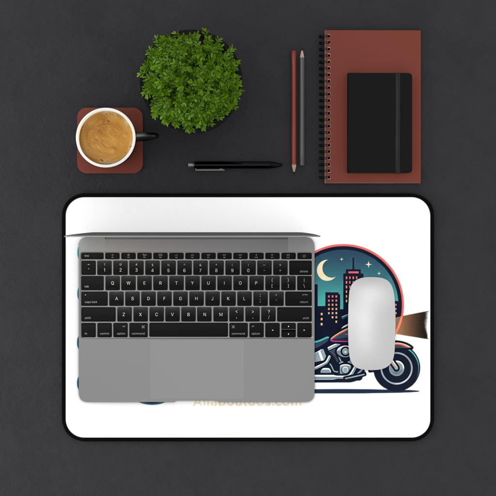 Route 66 City Nights Desk Mat — Retro Motorcycle Night Ride Mouse Pad