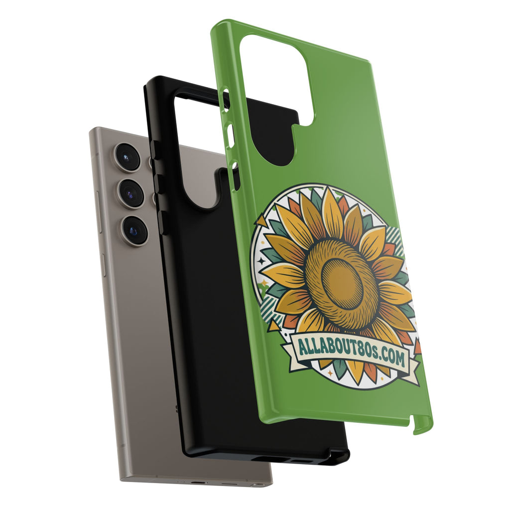 Sunflower Tough Phone Case – Green Floral Protective Case with "AllAbout80s.com" Banner