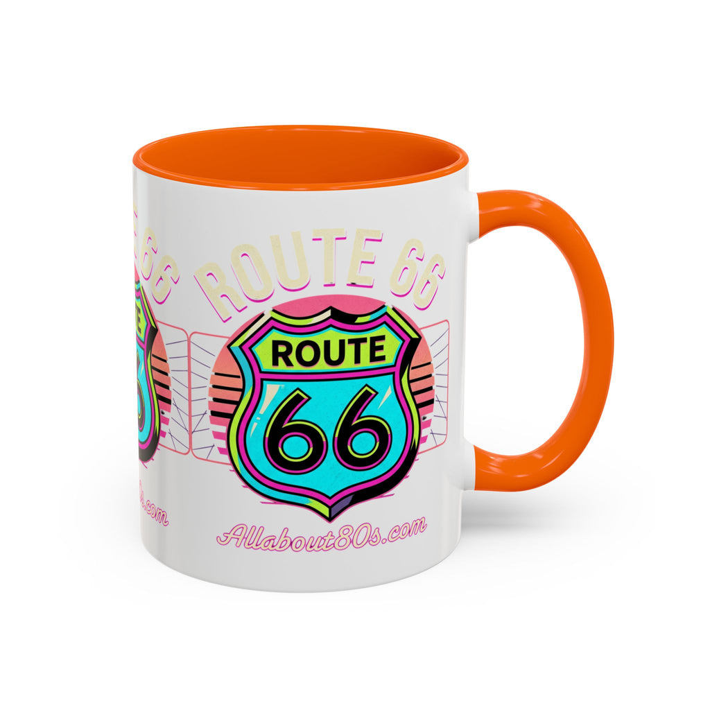 Route 66 Neon Shield Accent Coffee Mug — Retro Road Trip Travel Gift (11/15 oz)
