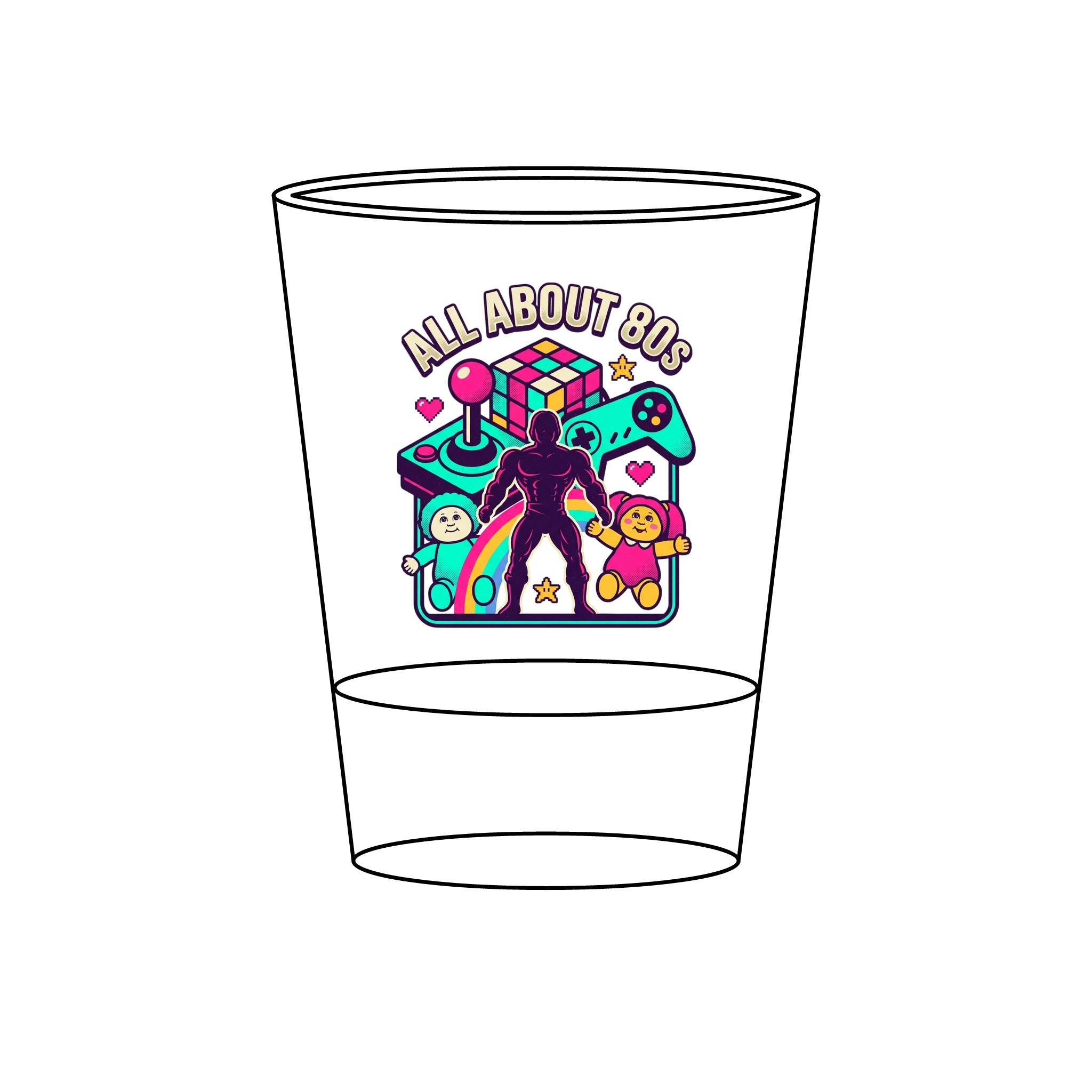 Shot Glass — “All About 80s” Retro Neon Arcade Engraved 1.5oz