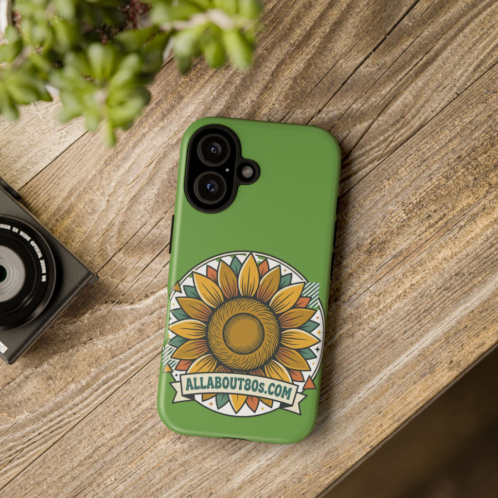 Sunflower Tough Phone Case – Green Floral Protective Case with "AllAbout80s.com" Banner