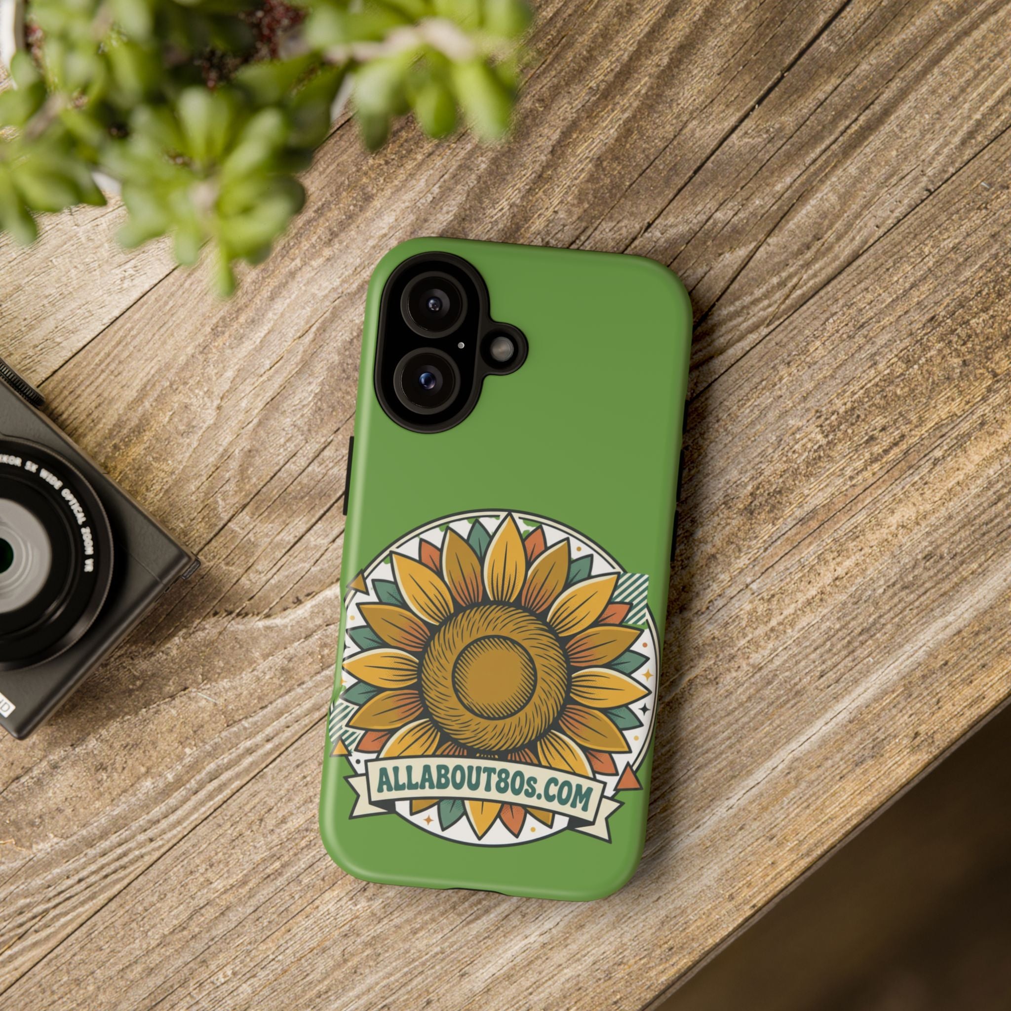 Sunflower Tough Phone Case – Green Floral Protective Case with "AllAbout80s.com" Banner