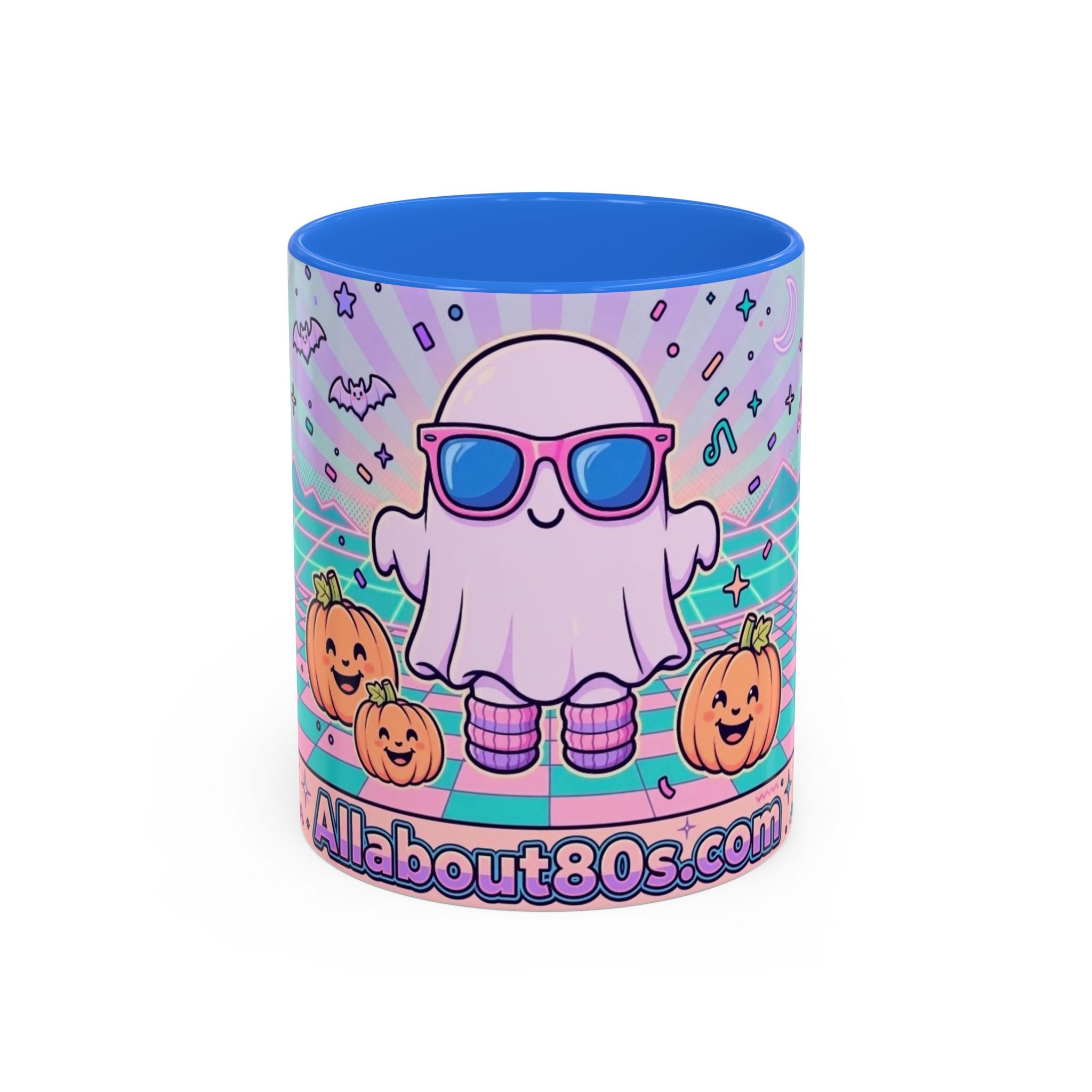 80s Vaporwave Ghost Coffee Mug — Cute Halloween Pumpkin Retro Design (11oz/15oz)