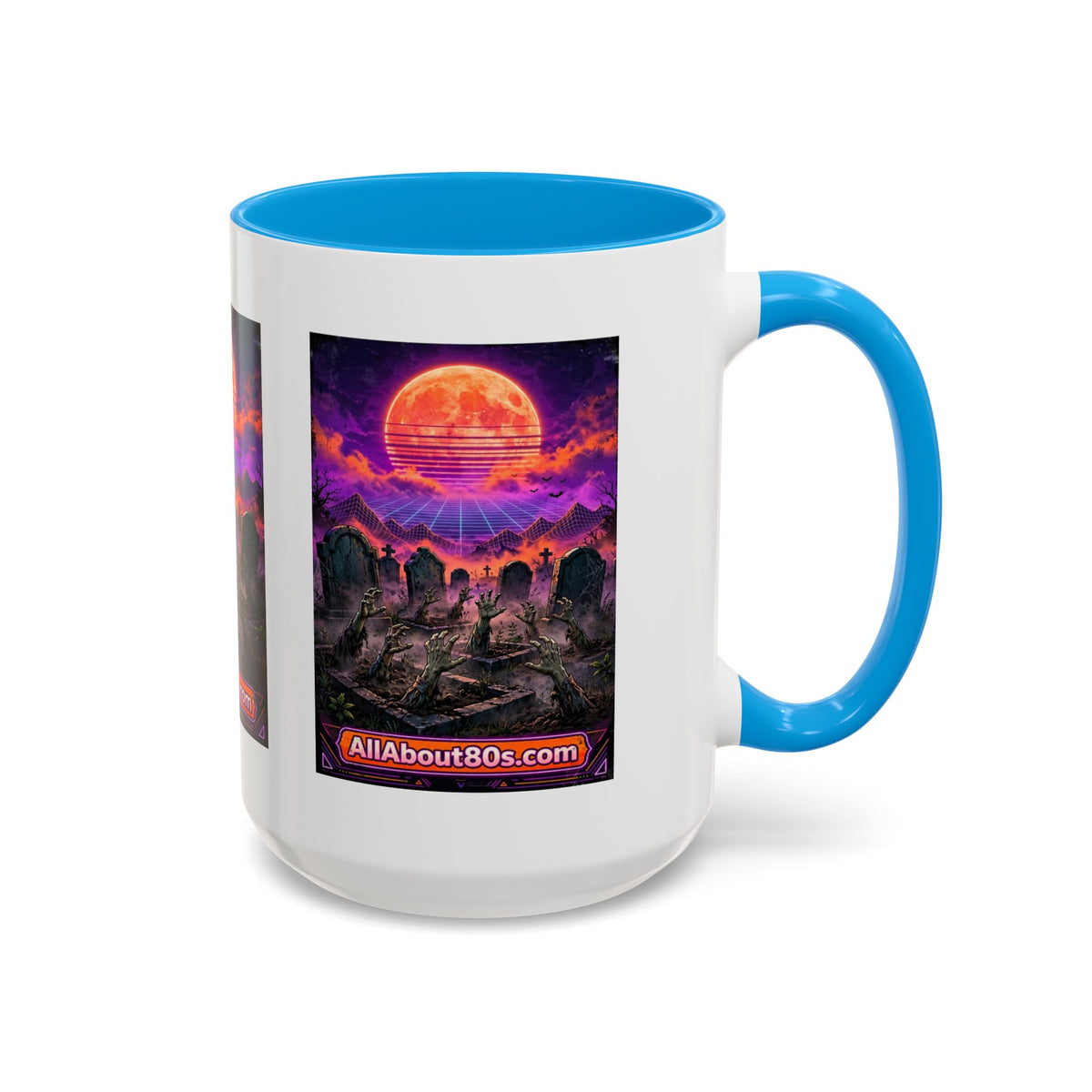 80s Retro Graveyard Sunset Mug — Vaporwave Neon Coffins Coffee Cup (11oz/15oz)
