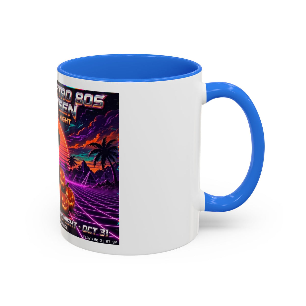 Halloween Retro Cat Mug — Neon 80s Spooky Pumpkin Coffee Cup (11oz/15oz)