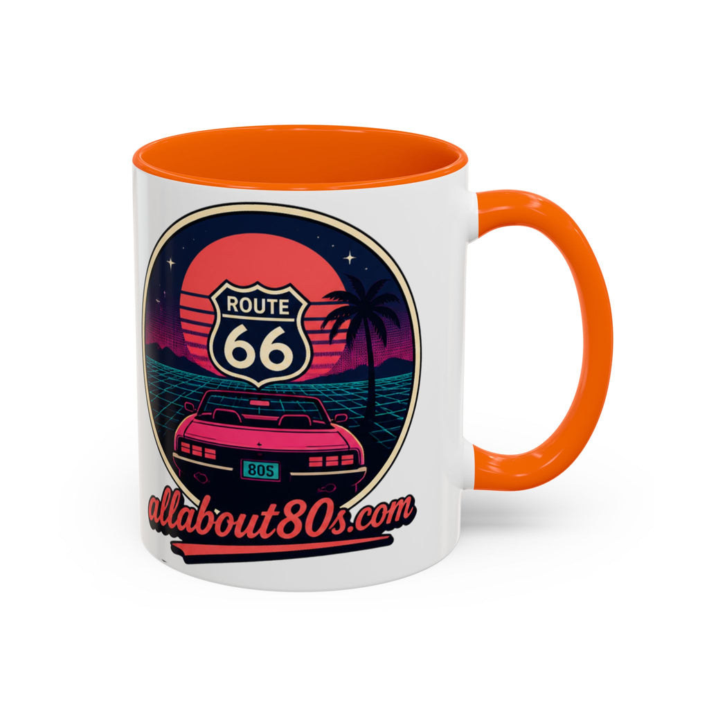 Route 66 Retro 80s Accent Coffee Mug — 'allabout80s' Vintage Sunset Design (11/15oz)