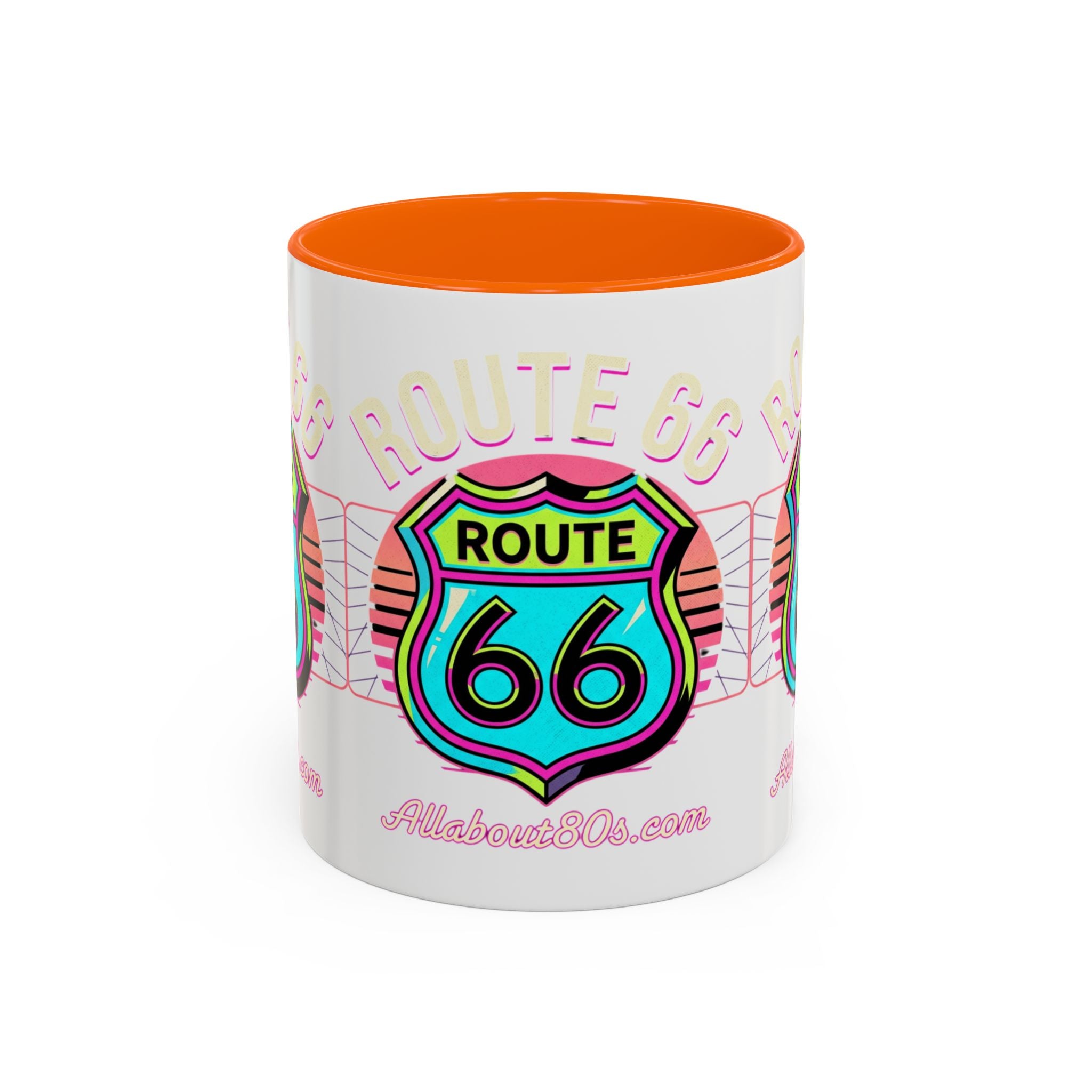 Route 66 Neon Shield Accent Coffee Mug — Retro Road Trip Travel Gift (11/15 oz)