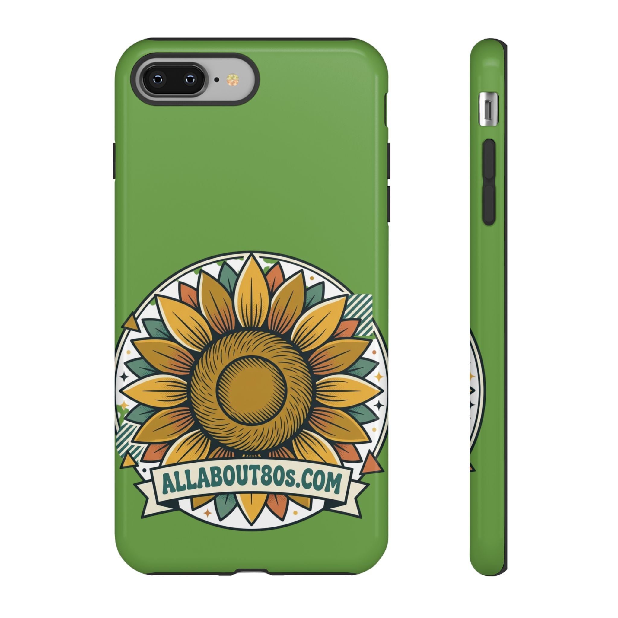 Sunflower Tough Phone Case – Green Floral Protective Case with "AllAbout80s.com" Banner