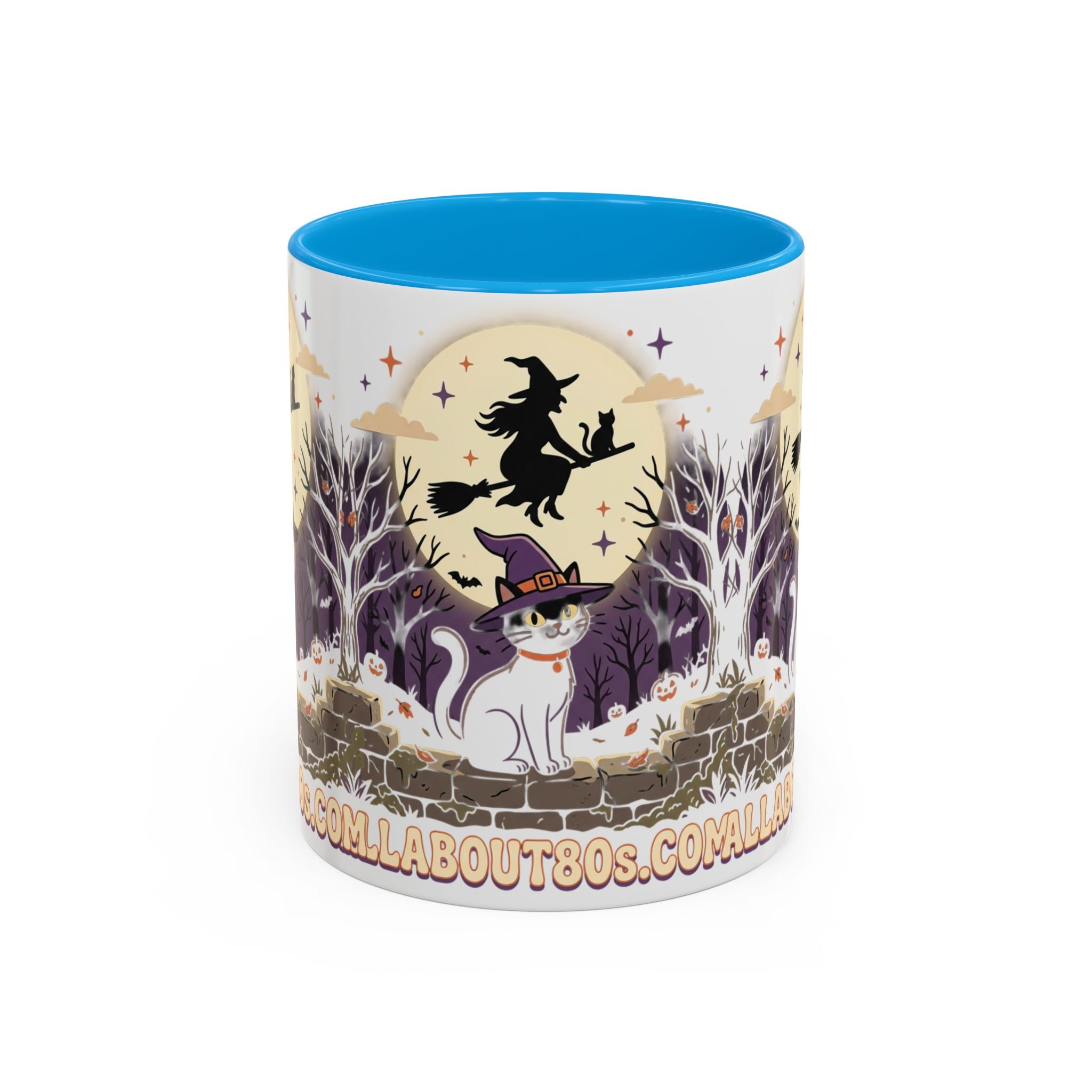 Halloween Cat Witch Mug – Cute Witch Hat Cat with Flying Witch Silhouette (11oz/15oz)