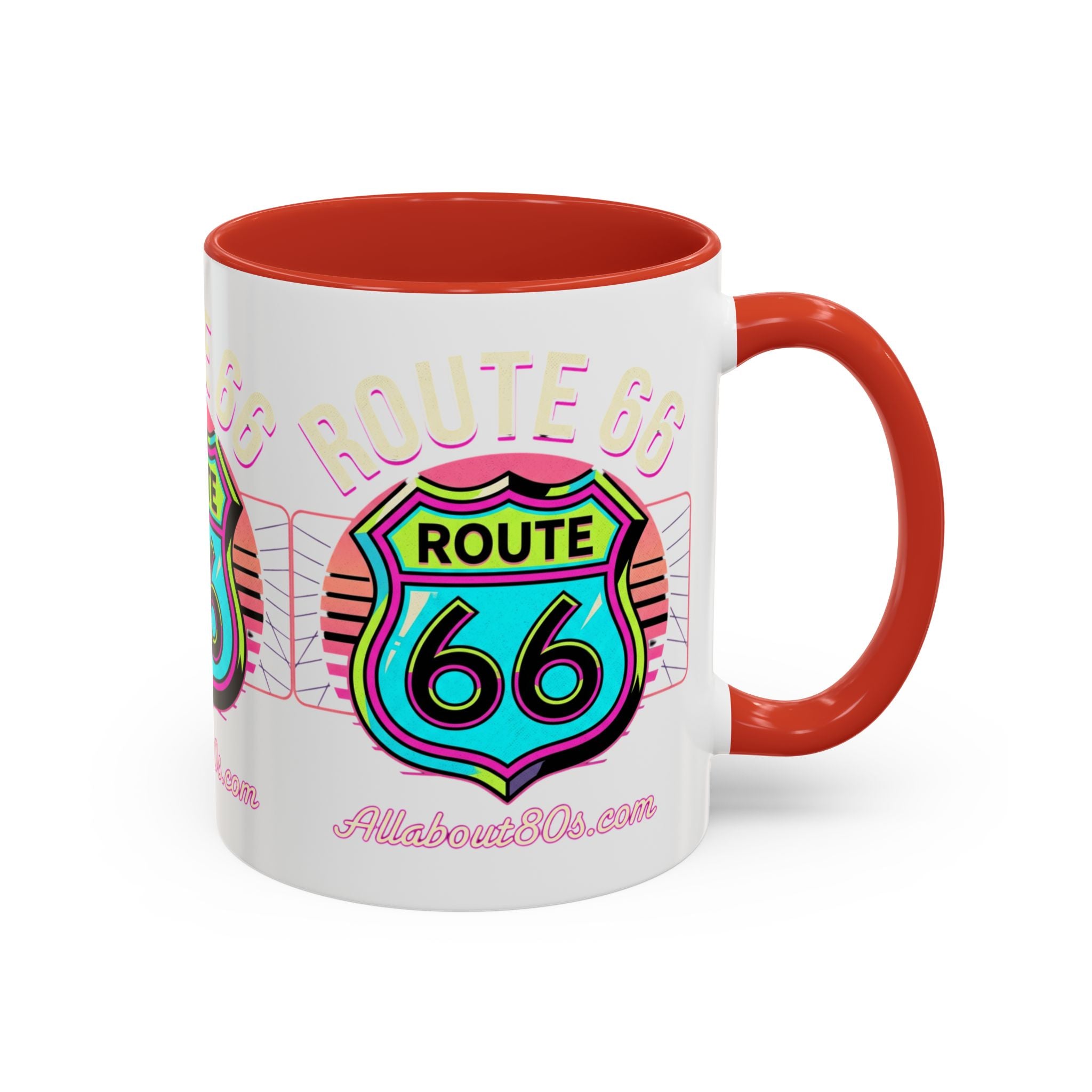 Route 66 Neon Shield Accent Coffee Mug — Retro Road Trip Travel Gift (11/15 oz)